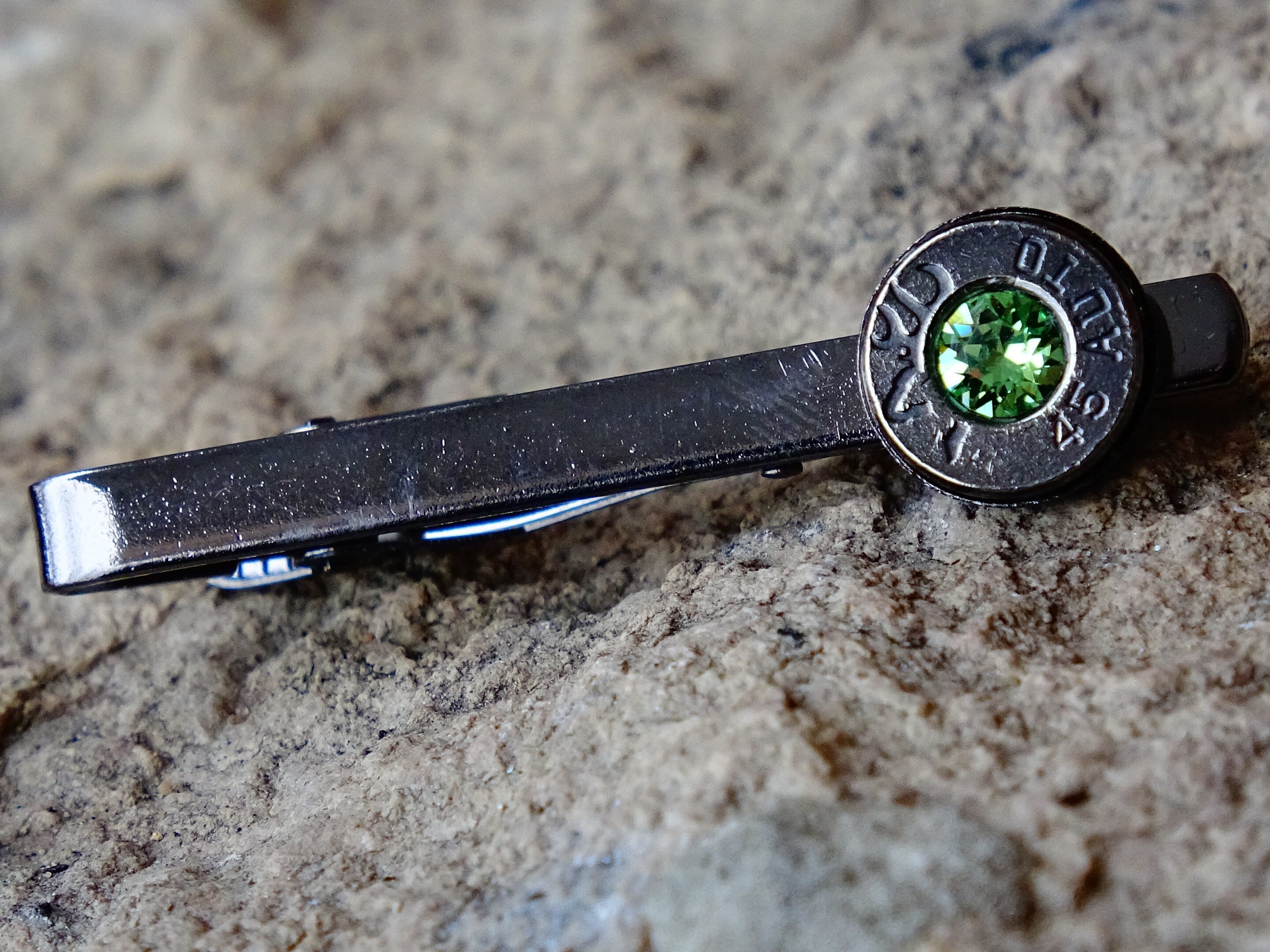 Bullet tie clip gun metal peridot .45 ACP __etsy:2241755759
