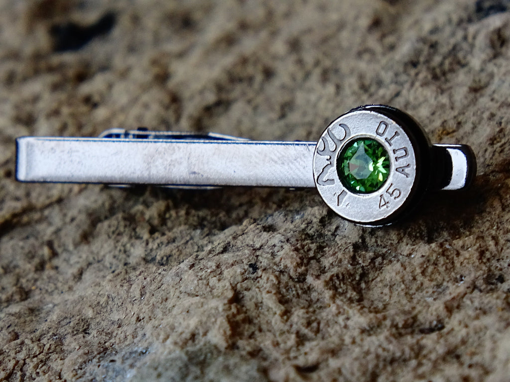 Bullet tie clip gun metal peridot .45 ACP __etsy:2241755947