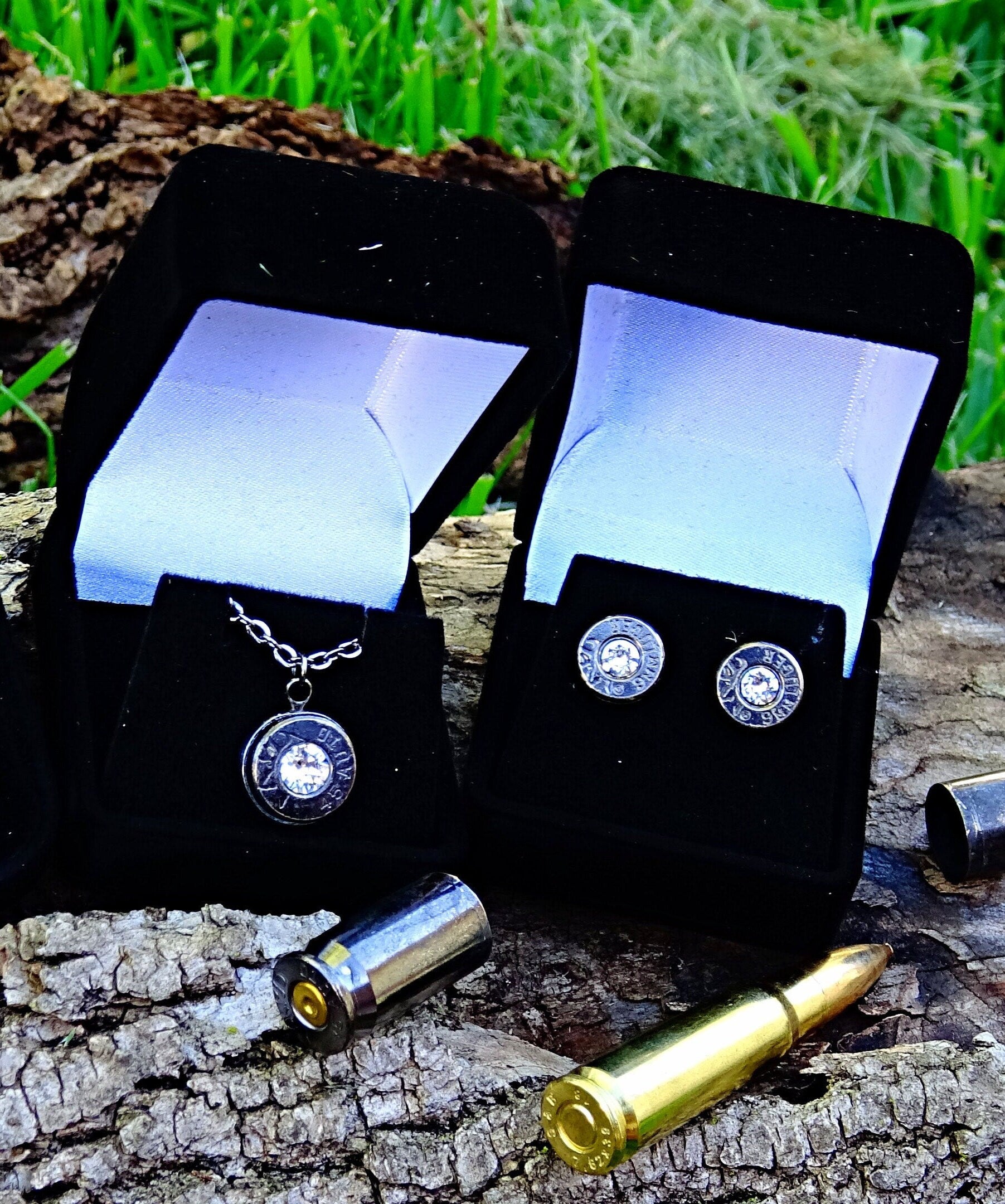 Earring 9mm & Pendant 9mm Bullet jewelry Swarovski stone Set __etsy:1892985980