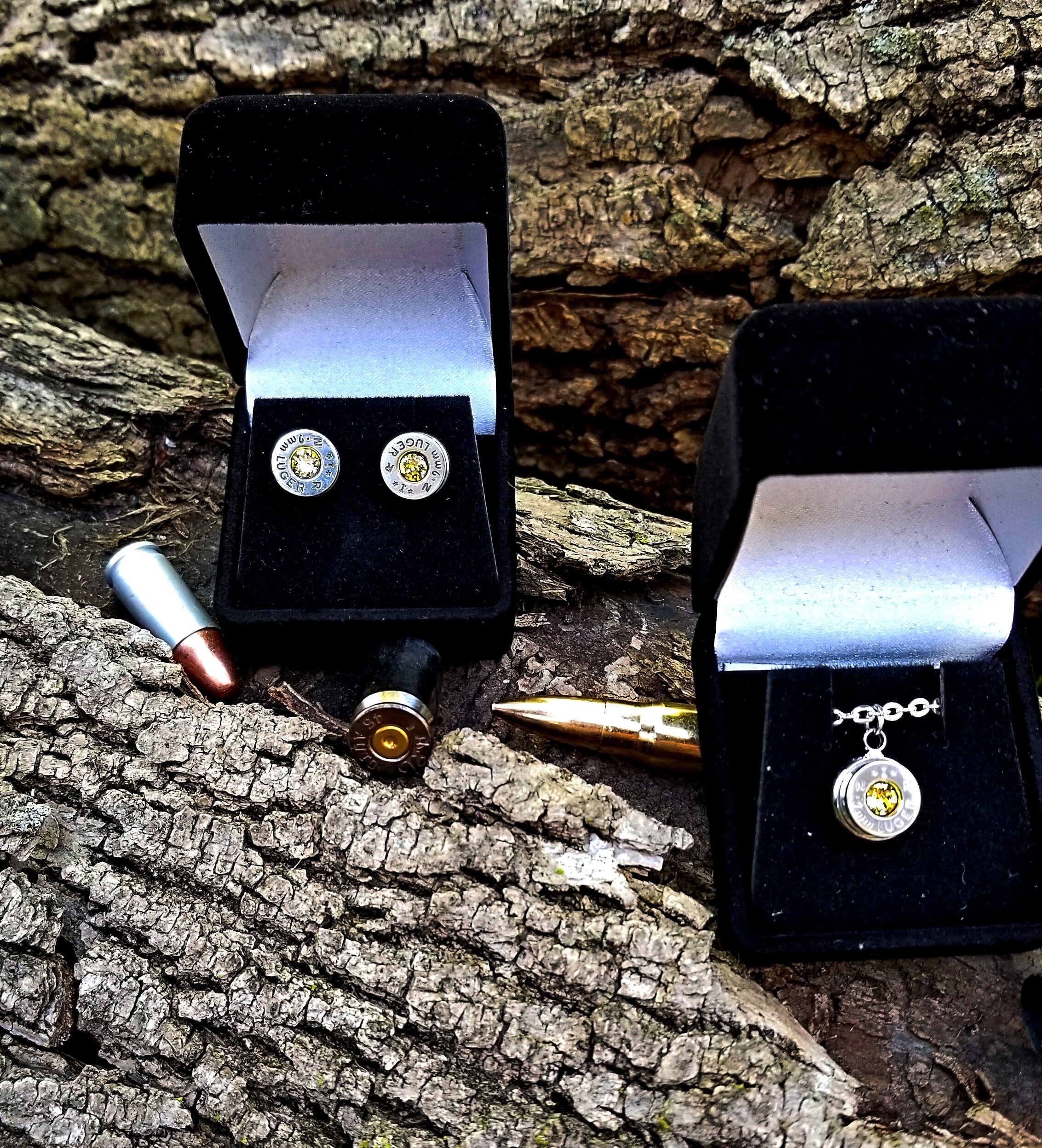 Earring 9mm & Pendant 9mm Bullet jewelry Swarovski stone Set __etsy:1892821868