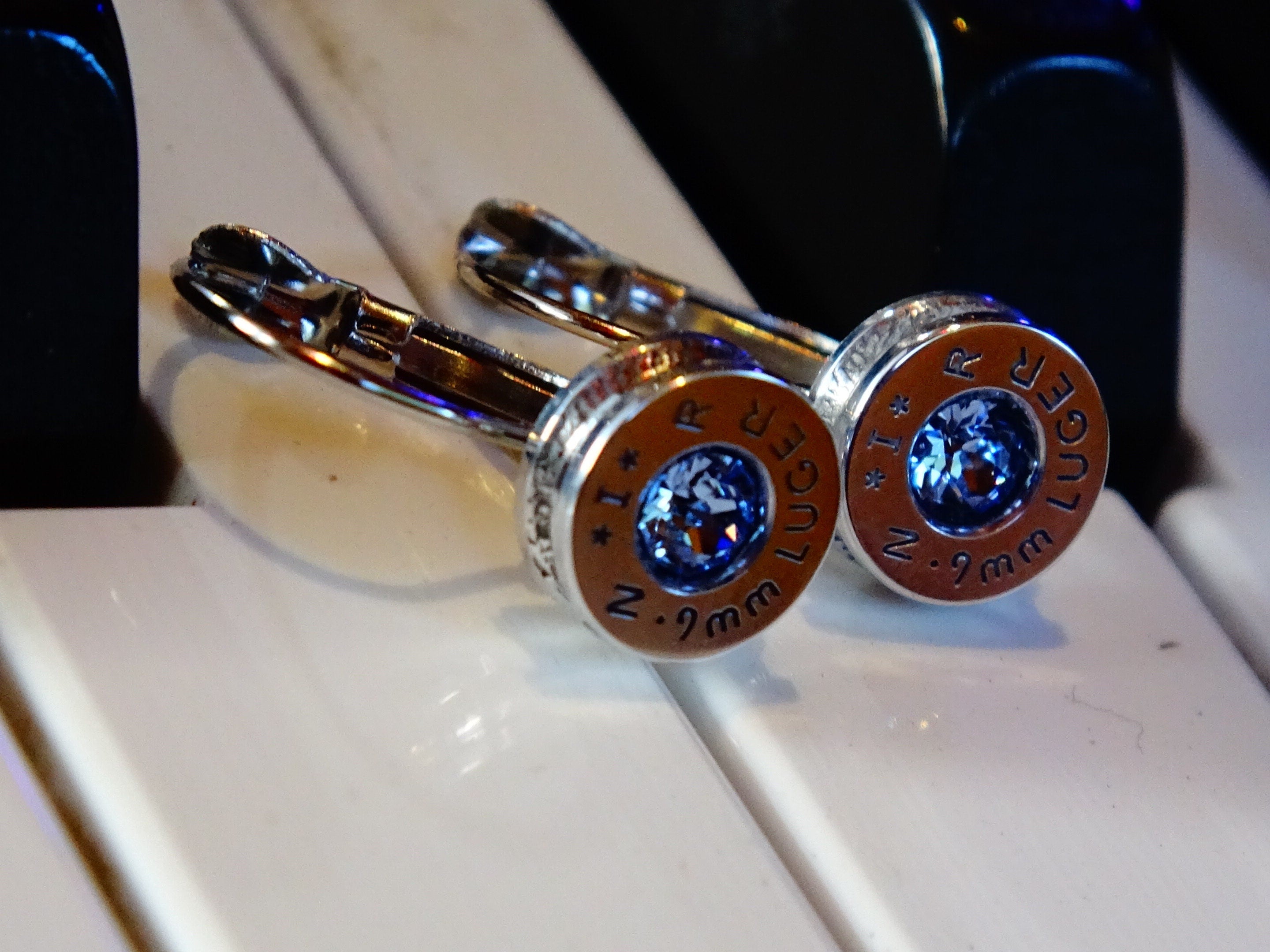 French clip 9mm bullet earrings with Swarovski crystal light sapphire __etsy:2001113607