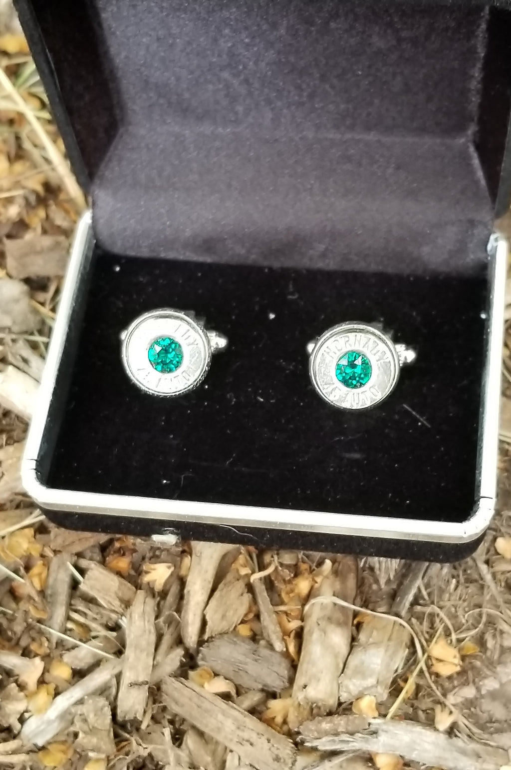 45 Caliber bullet cufflinks Swarovski stone (etsy image id: 1916560248)