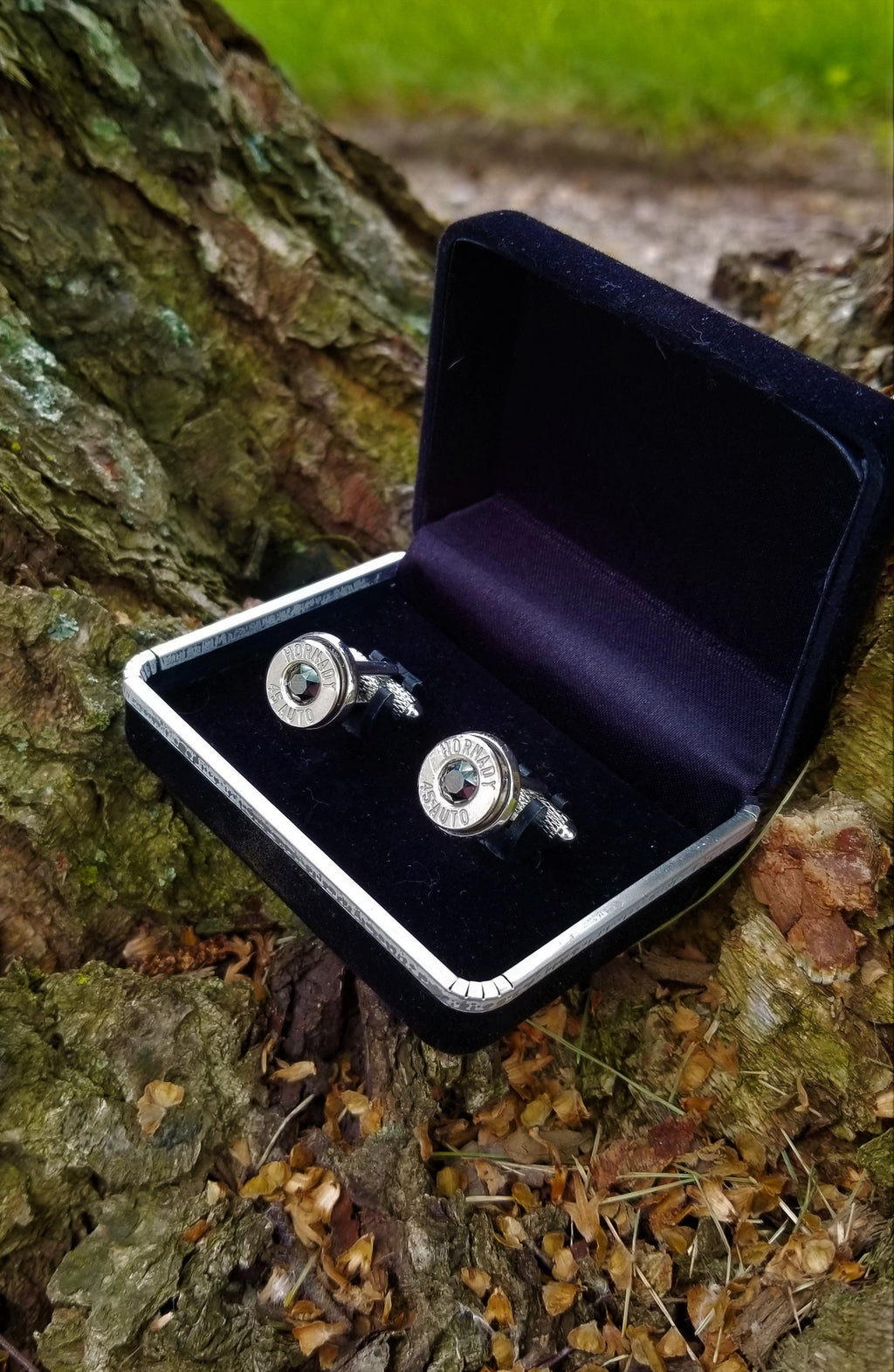 45 ACP bullet cufflinks Swarovski stone (etsy image id: 1916647246)
