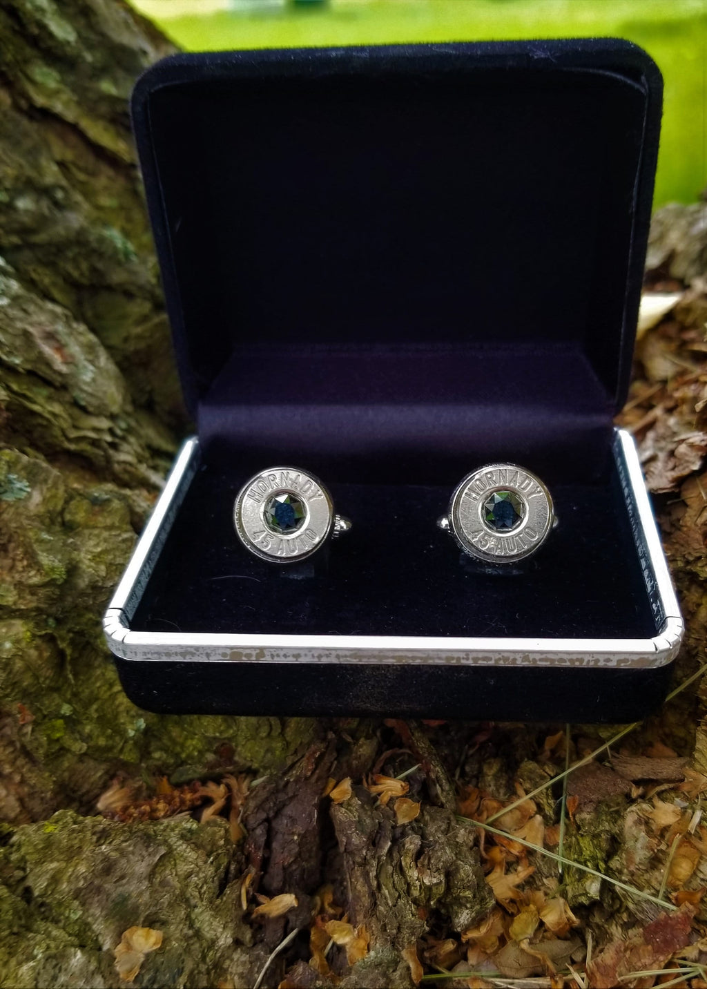 45 ACP bullet cufflinks Swarovski stone (etsy image id: 1916647418)