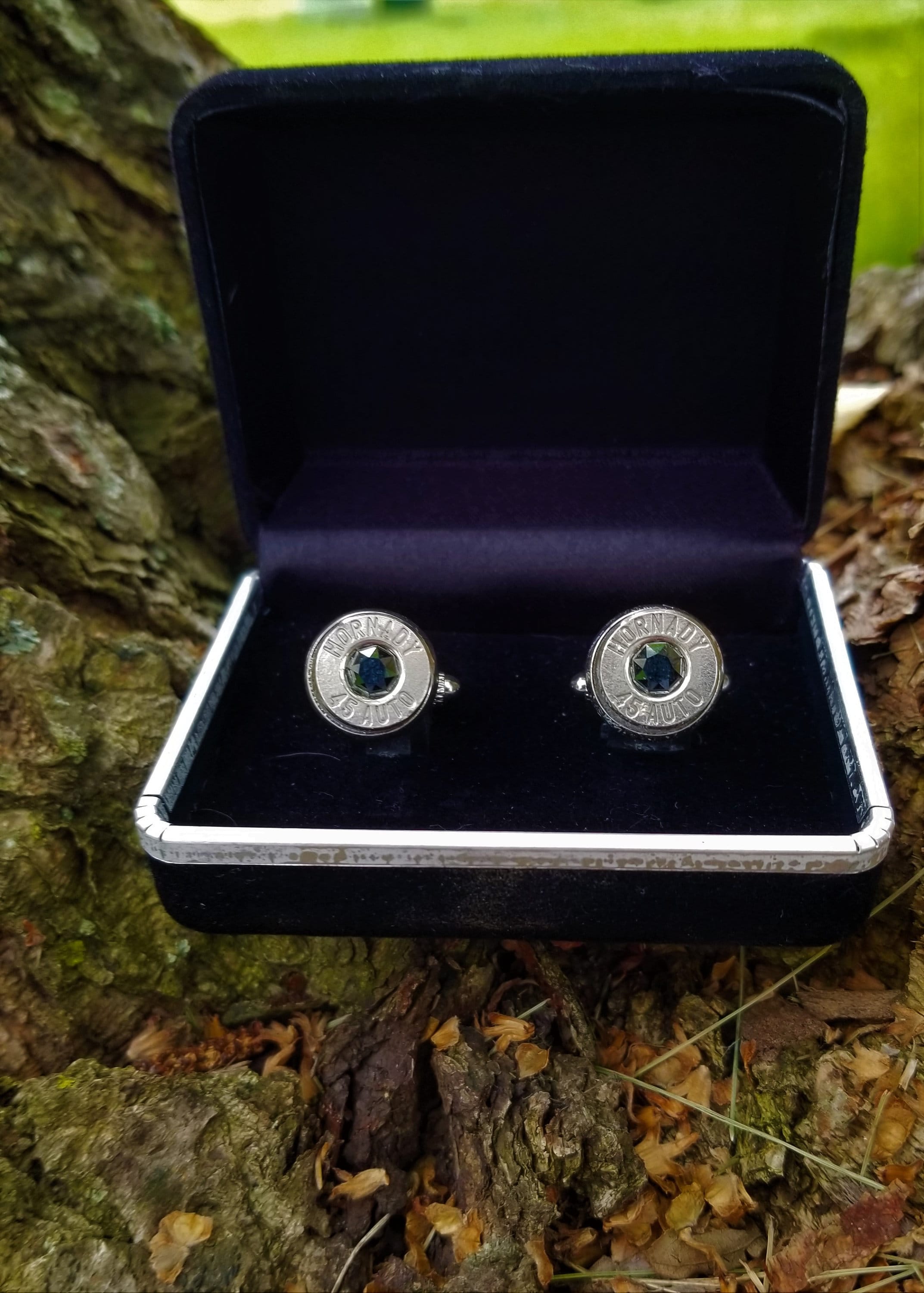 45 ACP bullet cufflinks Swarovski stone (etsy image id: 1916647418)