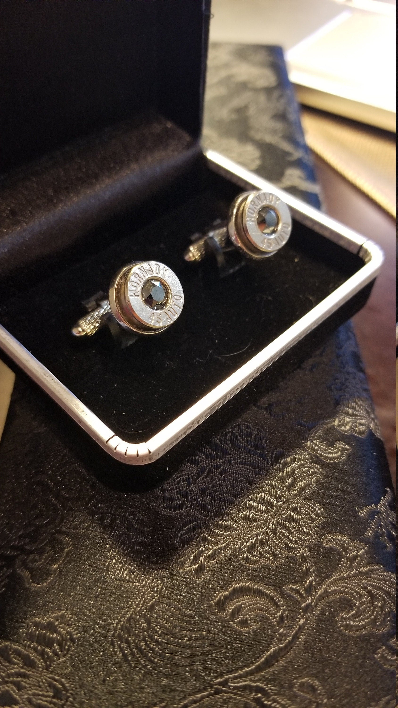 45 ACP bullet cufflinks Swarovski stone (etsy image id: 1916647762)