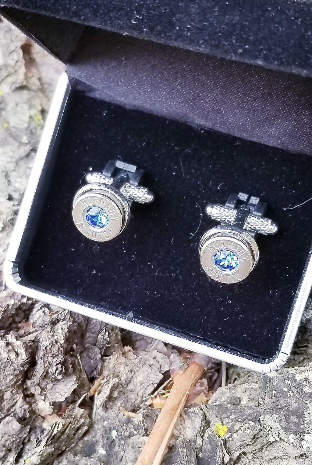 Cufflinks made with .45 Caliber bullet shells (etsy image id: 1963929265)