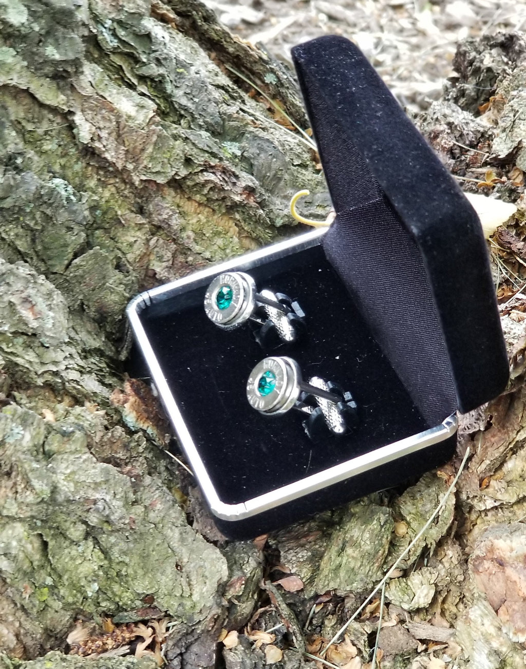 45 Caliber bullet cufflinks Swarovski stone (etsy image id: 1964103969)