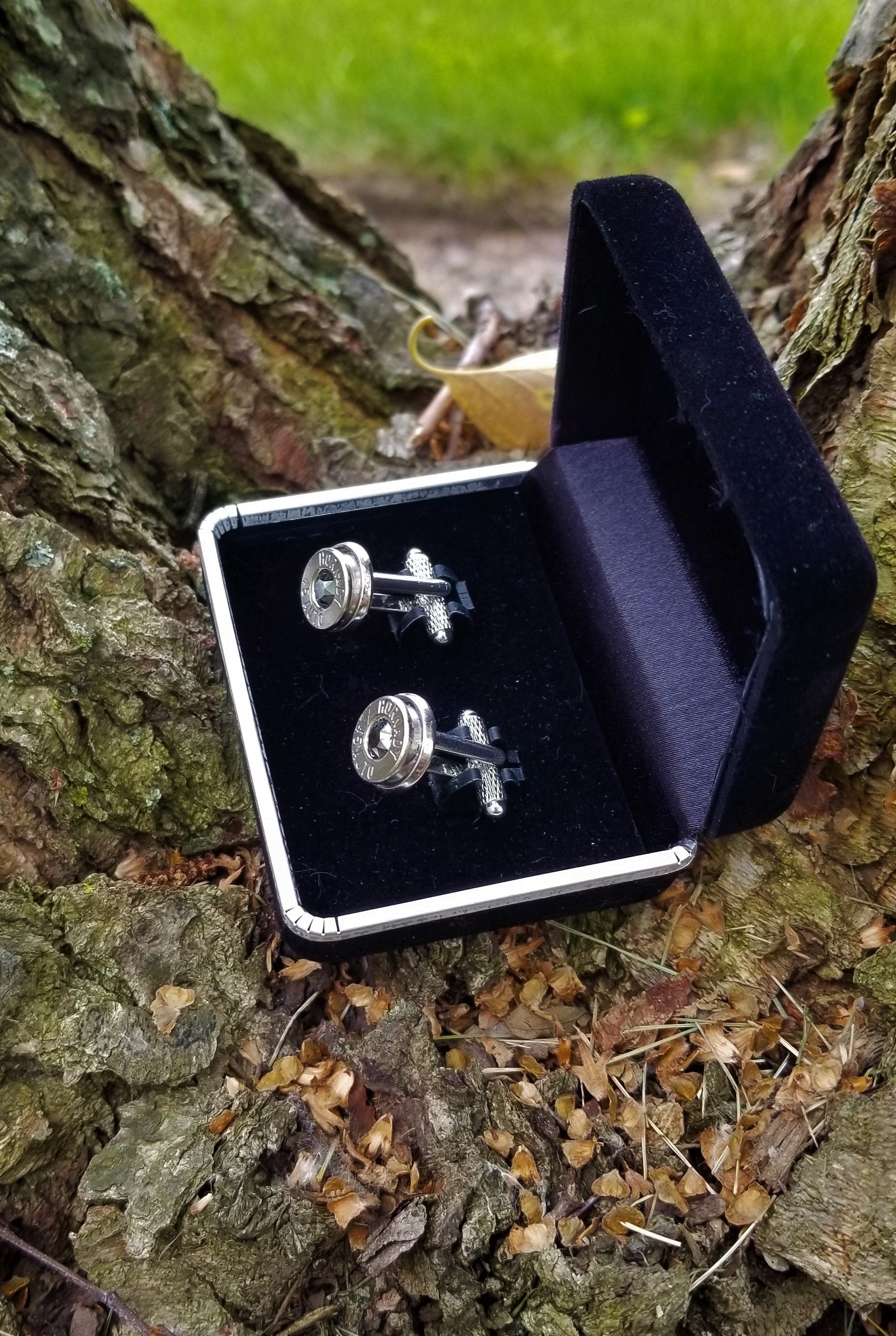 45 ACP bullet cufflinks Swarovski stone (etsy image id: 1964191195)
