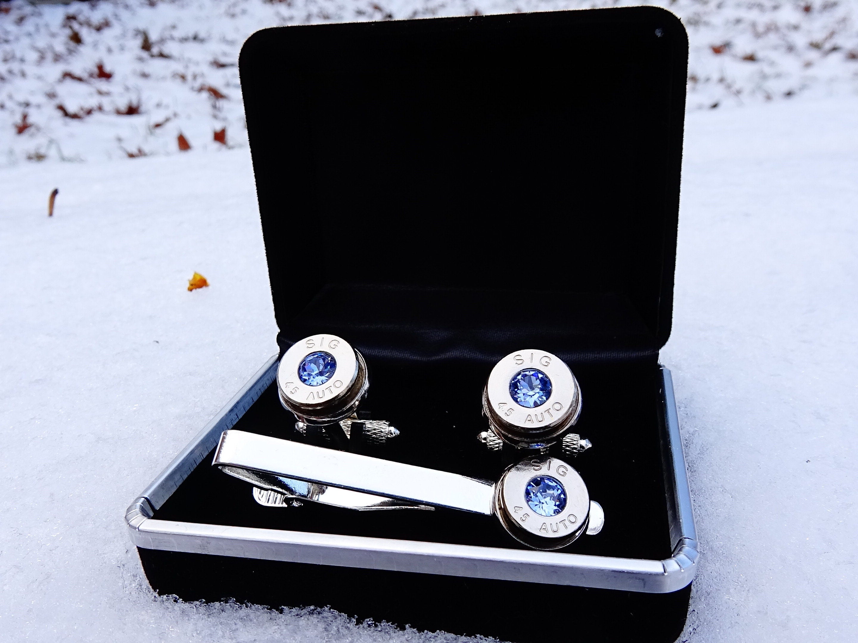 45 ACP cufflinks and tie clip silver tone set light ice blue sapphire (etsy image id: 2125530030)