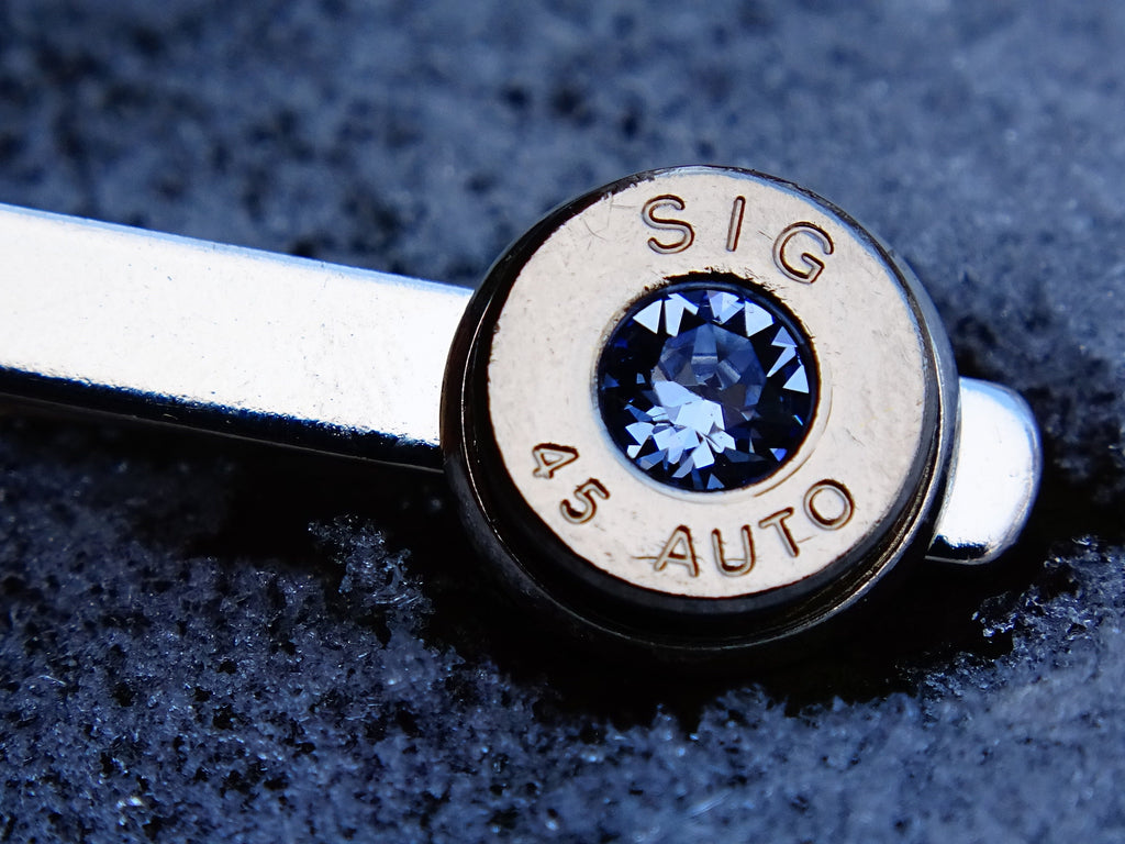 45 ACP cufflinks and tie clip silver tone set light ice blue sapphire (etsy image id: 2125530544)