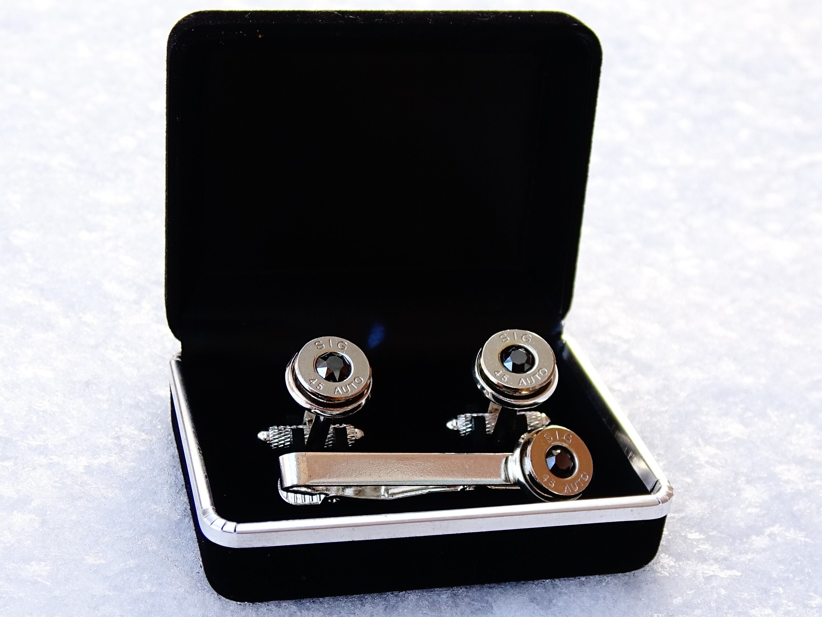 45 ACP cufflinks and tie clip silver tone set black onyx (etsy image id: 2125535378)