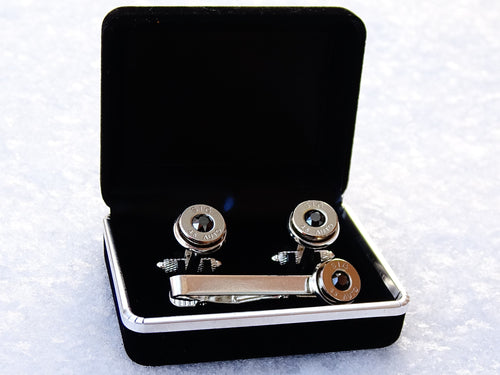 45 ACP cufflinks and tie clip silver tone set black onyx (etsy image id: 2125535378)