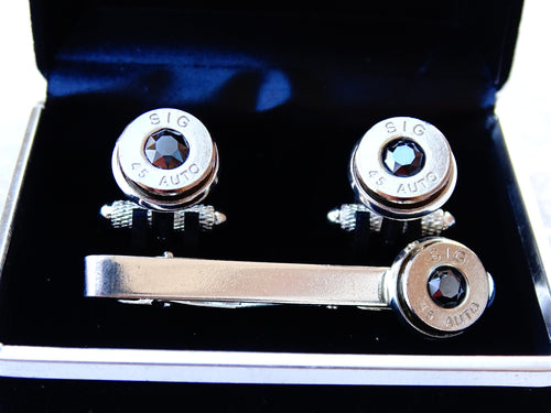 45 ACP cufflinks and tie clip silver tone set black onyx (etsy image id: 2125535486)