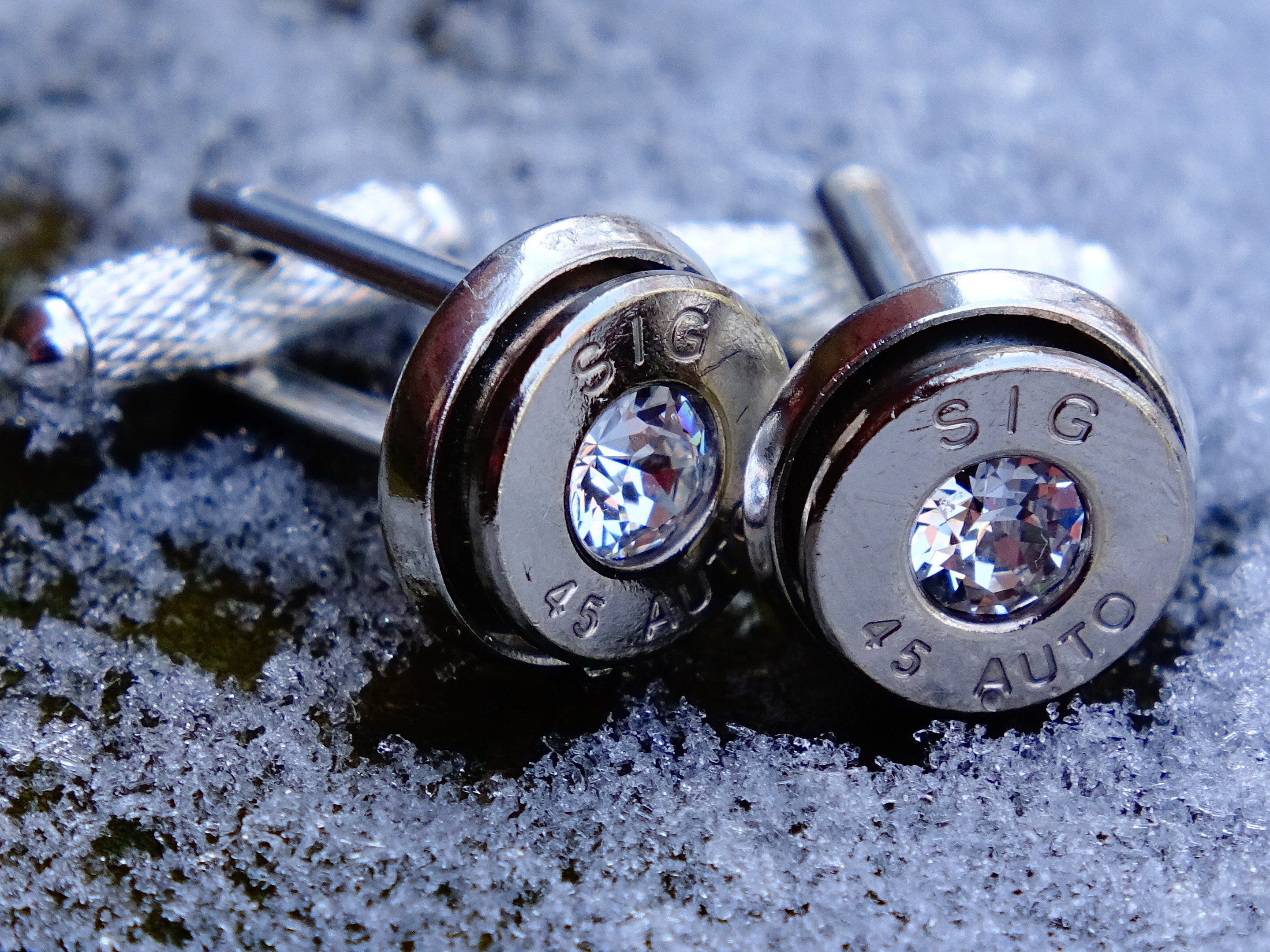 45 ACP cufflinks and tie clip silver tone set clear swarovski crystal (etsy image id: 2125538454)