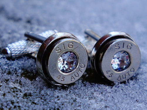 45 ACP silver tone bullet cufflinks clear crystal swarovski (etsy image id: 2125549266)