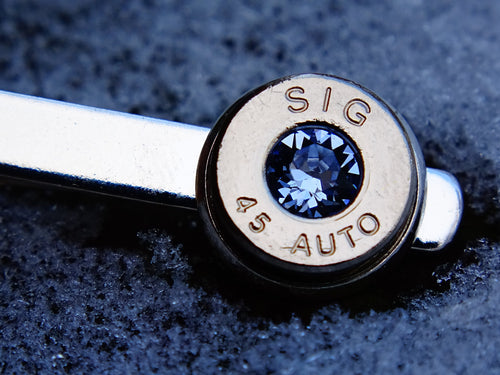 45 ACP silver tone bullet tie clip swarovski ice blue sapphire (etsy image id: 2125550814)