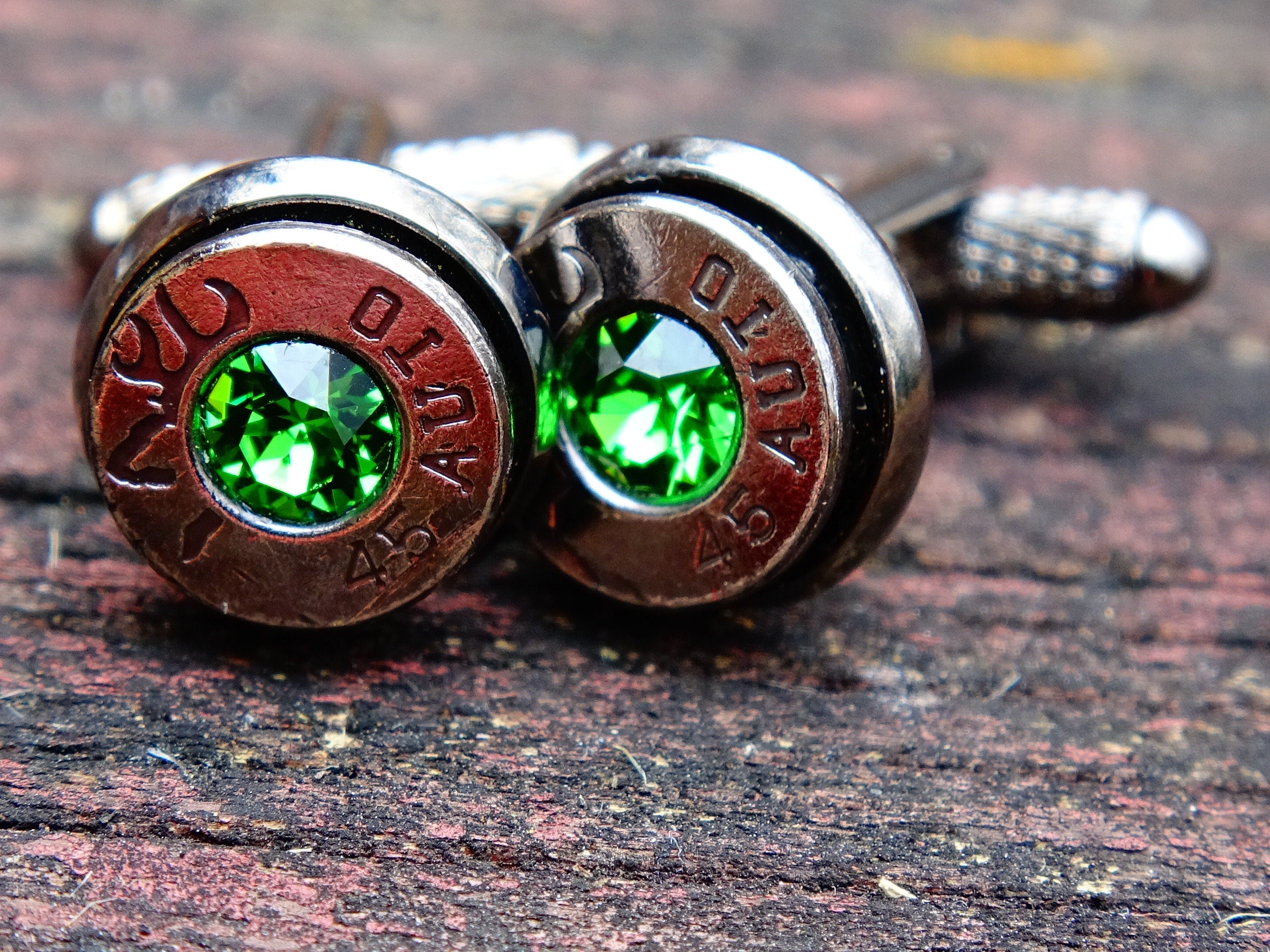 45 Caliber bullet cufflinks Swarovski stone (etsy image id: 2125617620)