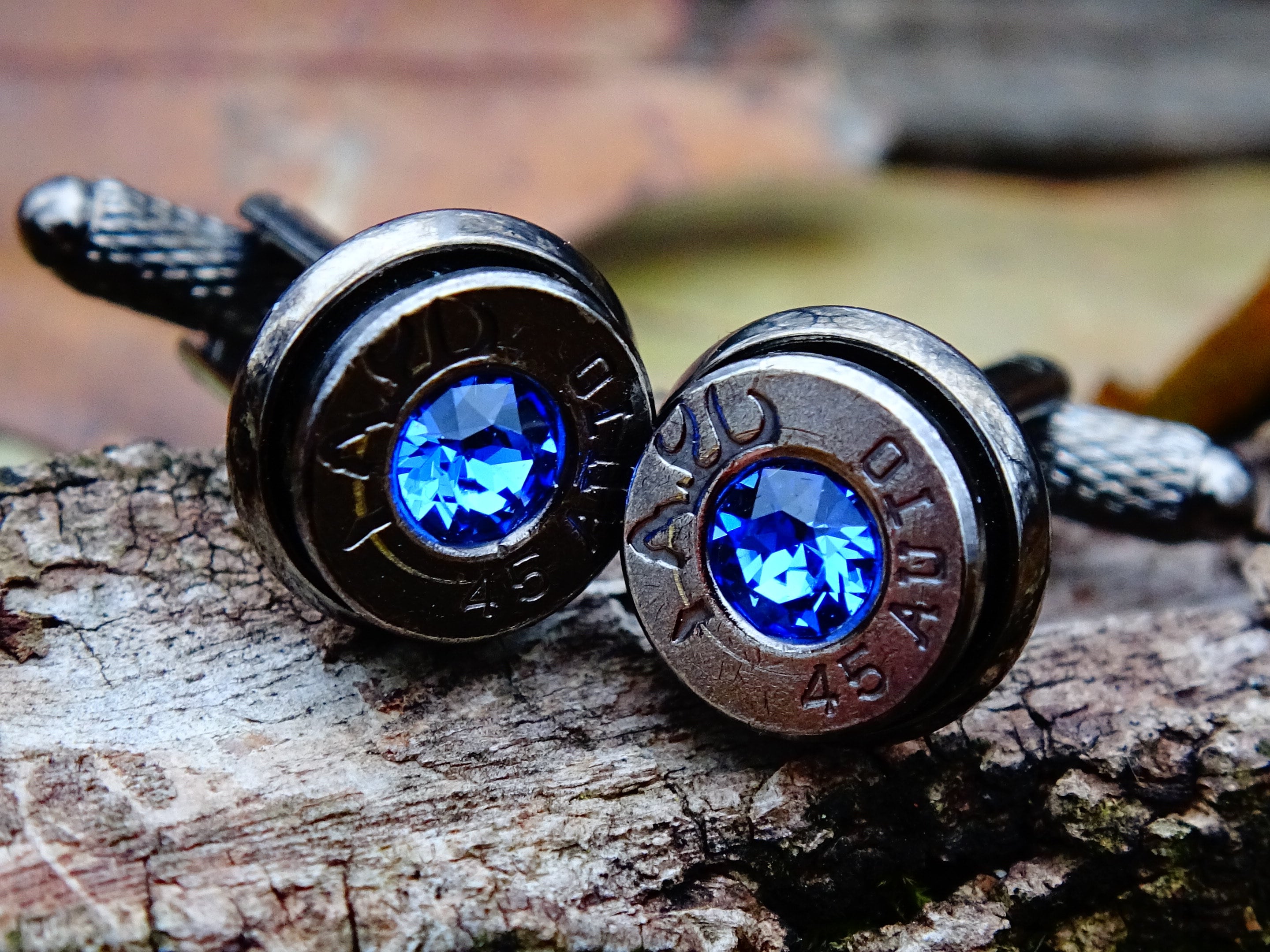 45 Caliber bullet cufflinks Swarovski stone (etsy image id: 2125617926)