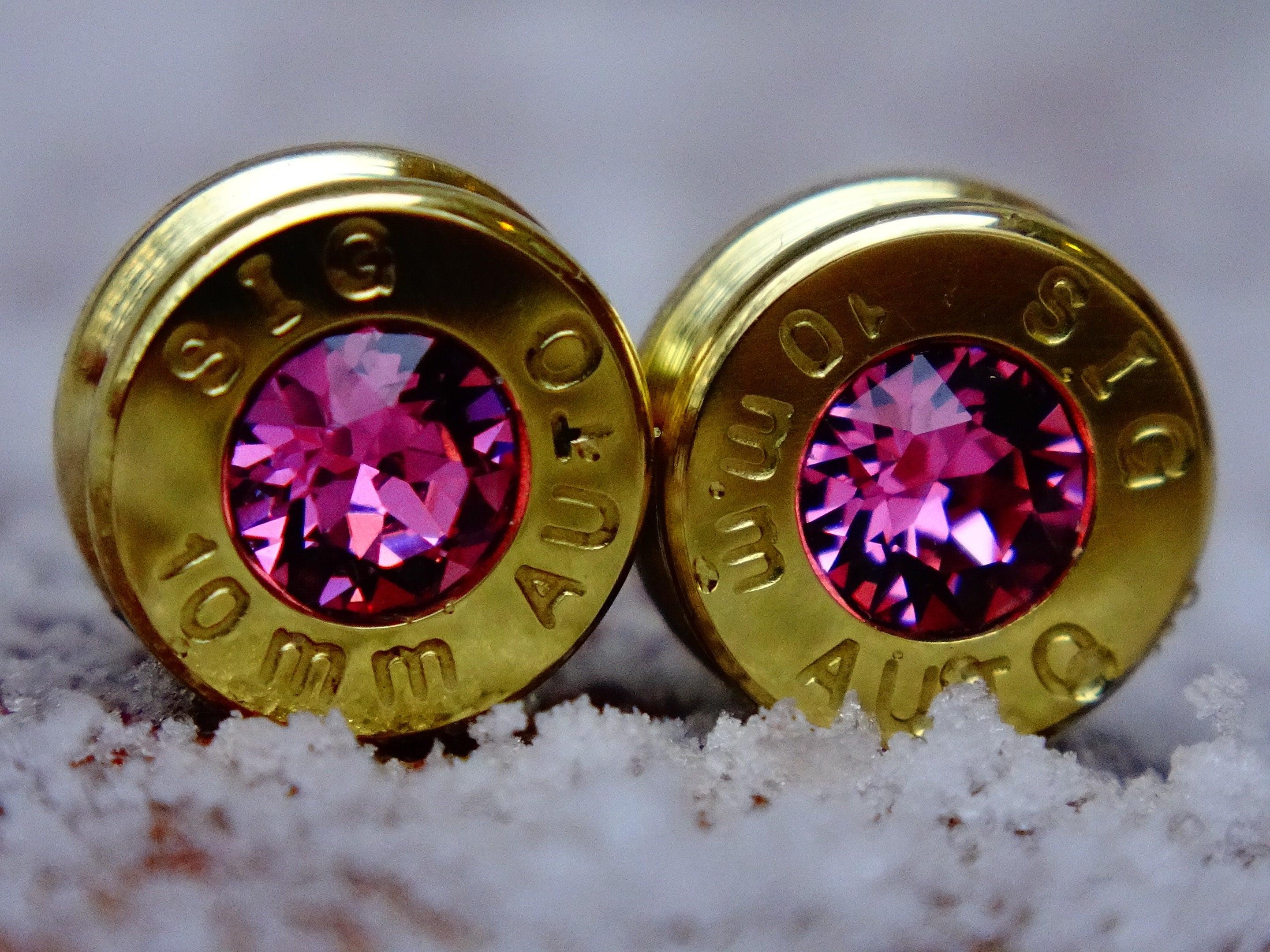 Brass 10mm bullet earrings pink tourmaline (etsy image id: 2149428284)