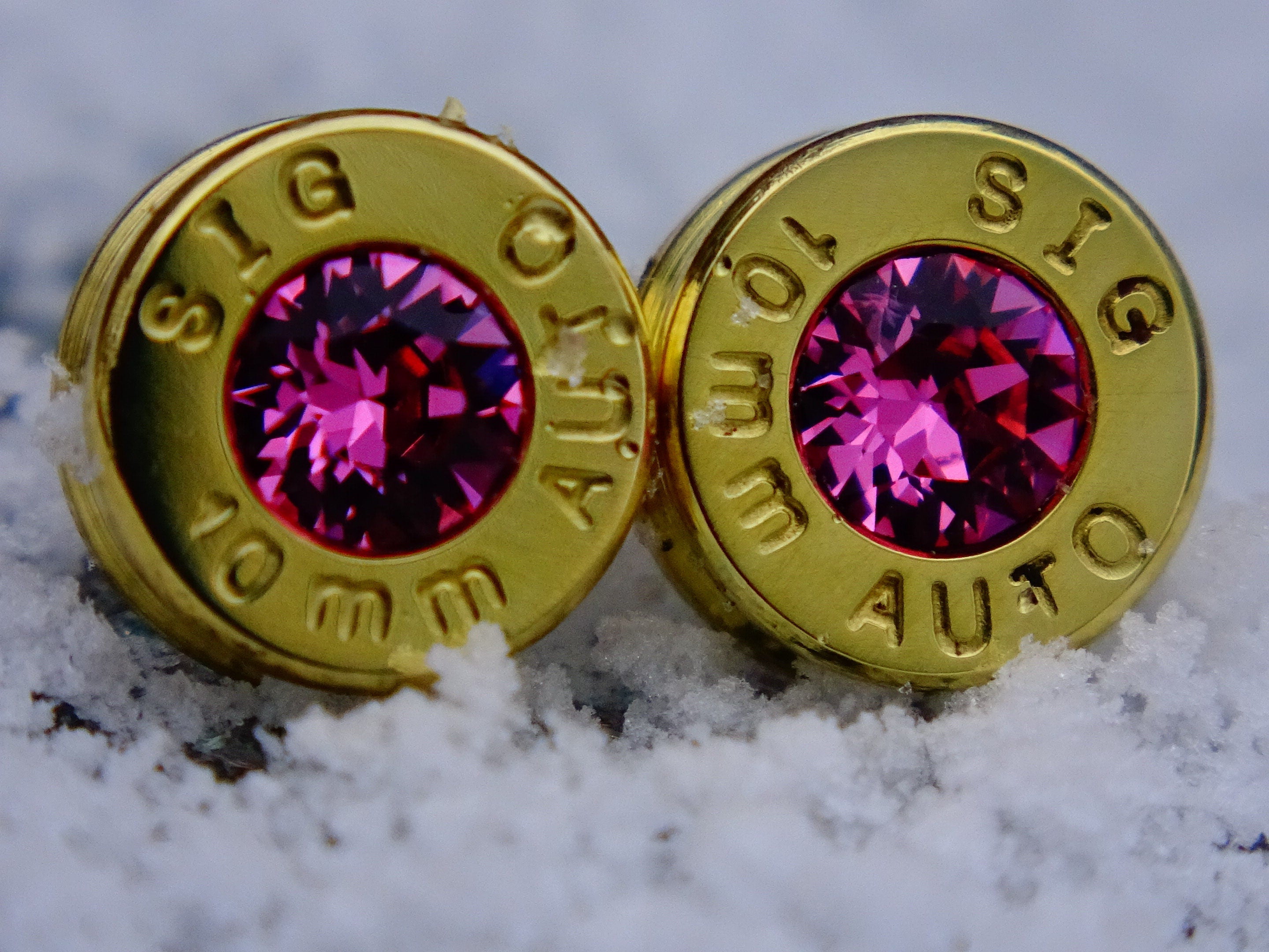 Brass 10mm bullet earrings pink tourmaline (etsy image id: 2149428504)