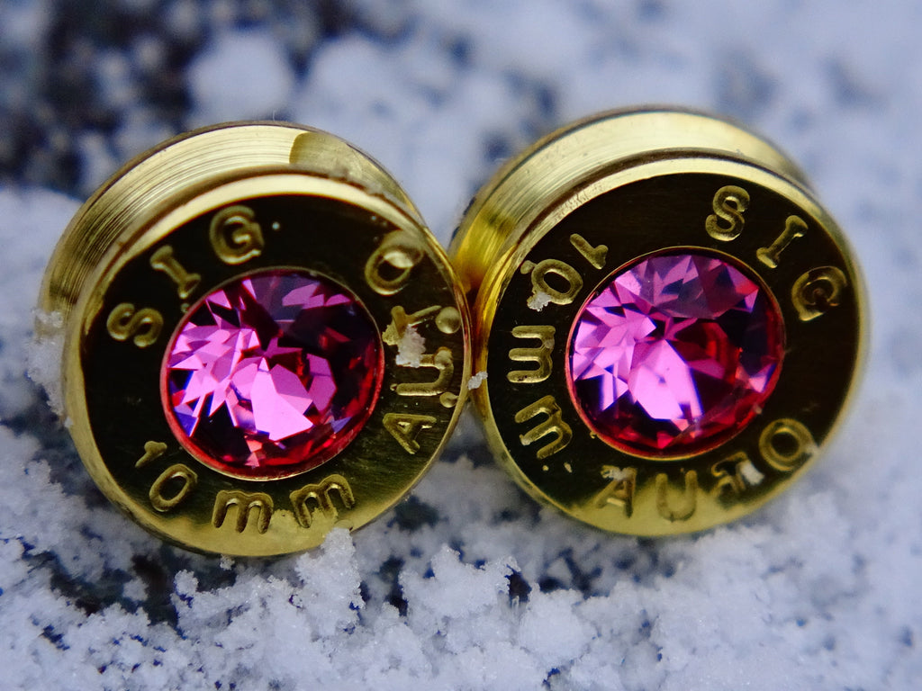 Brass 10mm bullet earrings pink tourmaline (etsy image id: 2149428568)