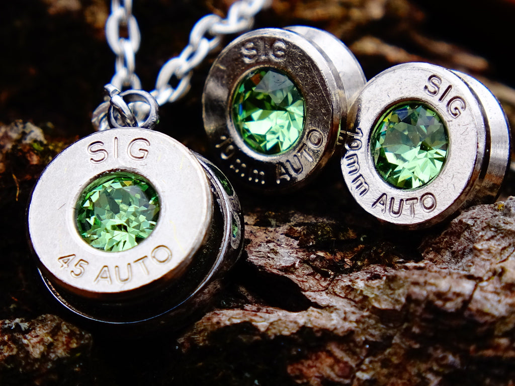 10mm bullet earrings & 45 ACP pendant set swarovski peridot (etsy image id: 2170137201)