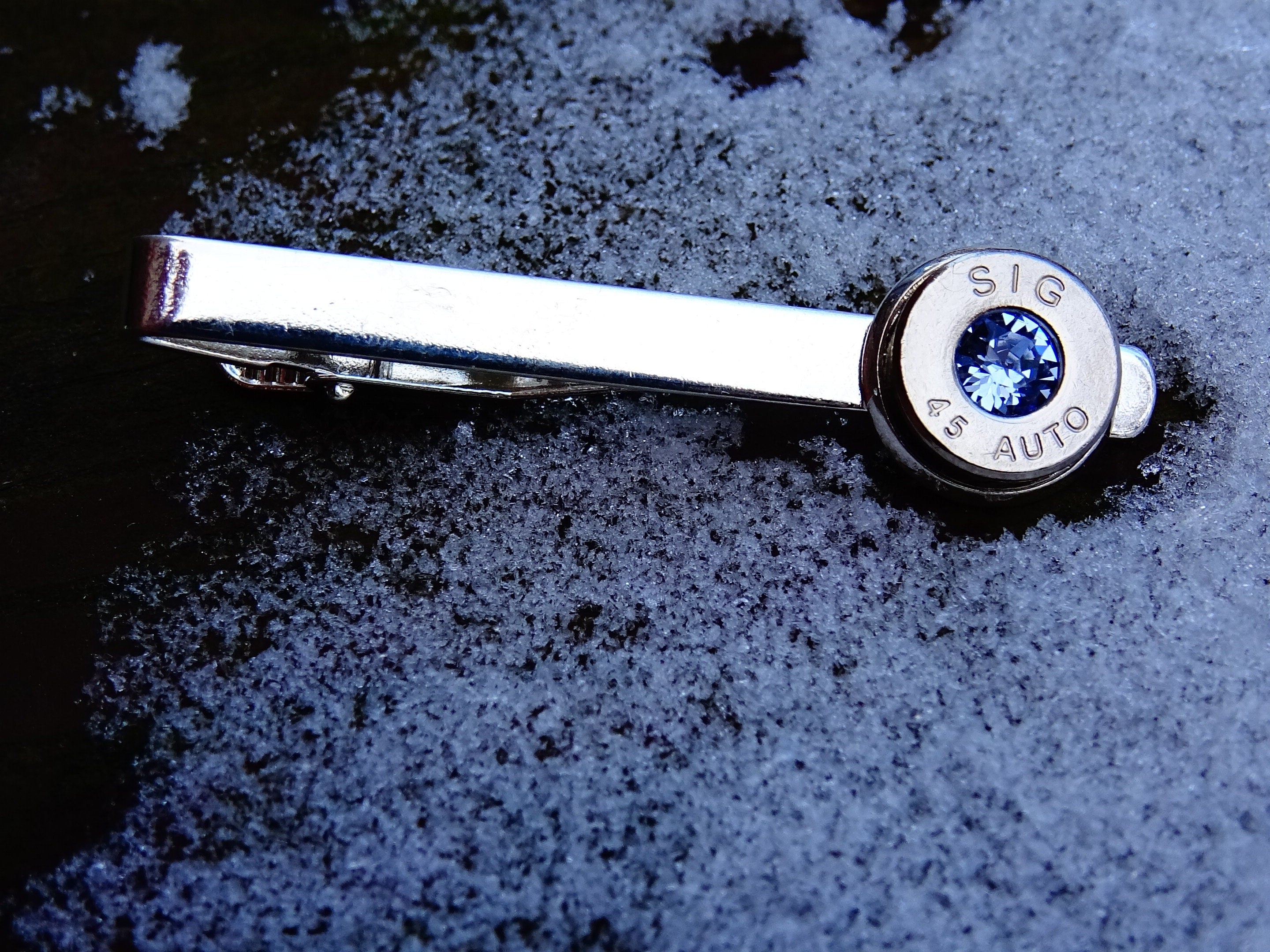 45 ACP cufflinks and tie clip silver tone set light ice blue sapphire (etsy image id: 2173087195)