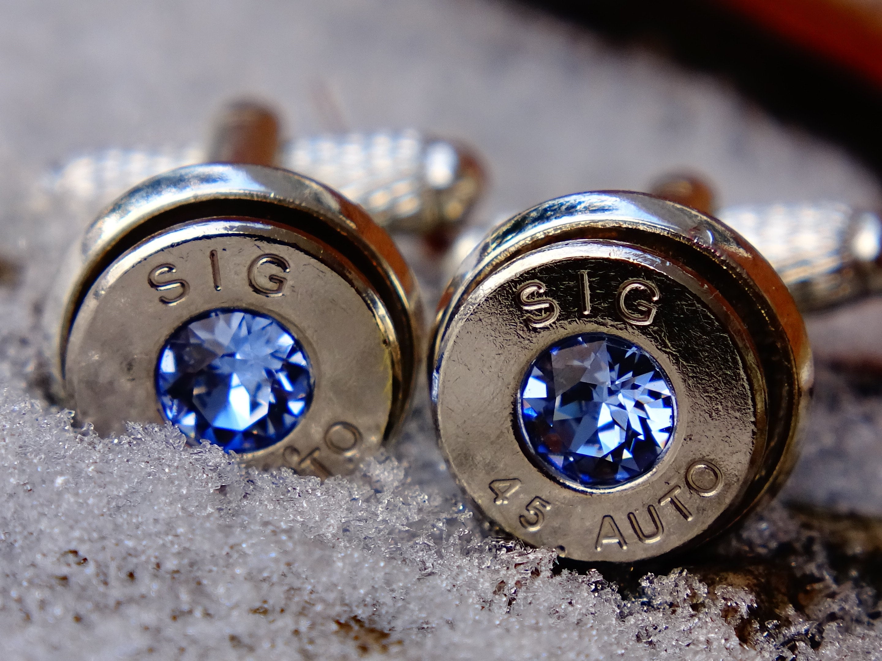 45 ACP cufflinks and tie clip silver tone set light ice blue sapphire (etsy image id: 2173087781)