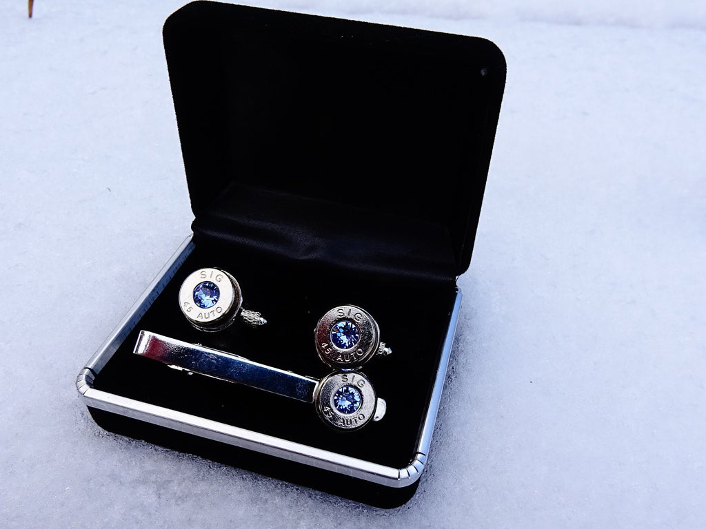 45 ACP cufflinks and tie clip silver tone set light ice blue sapphire (etsy image id: 2173088243)