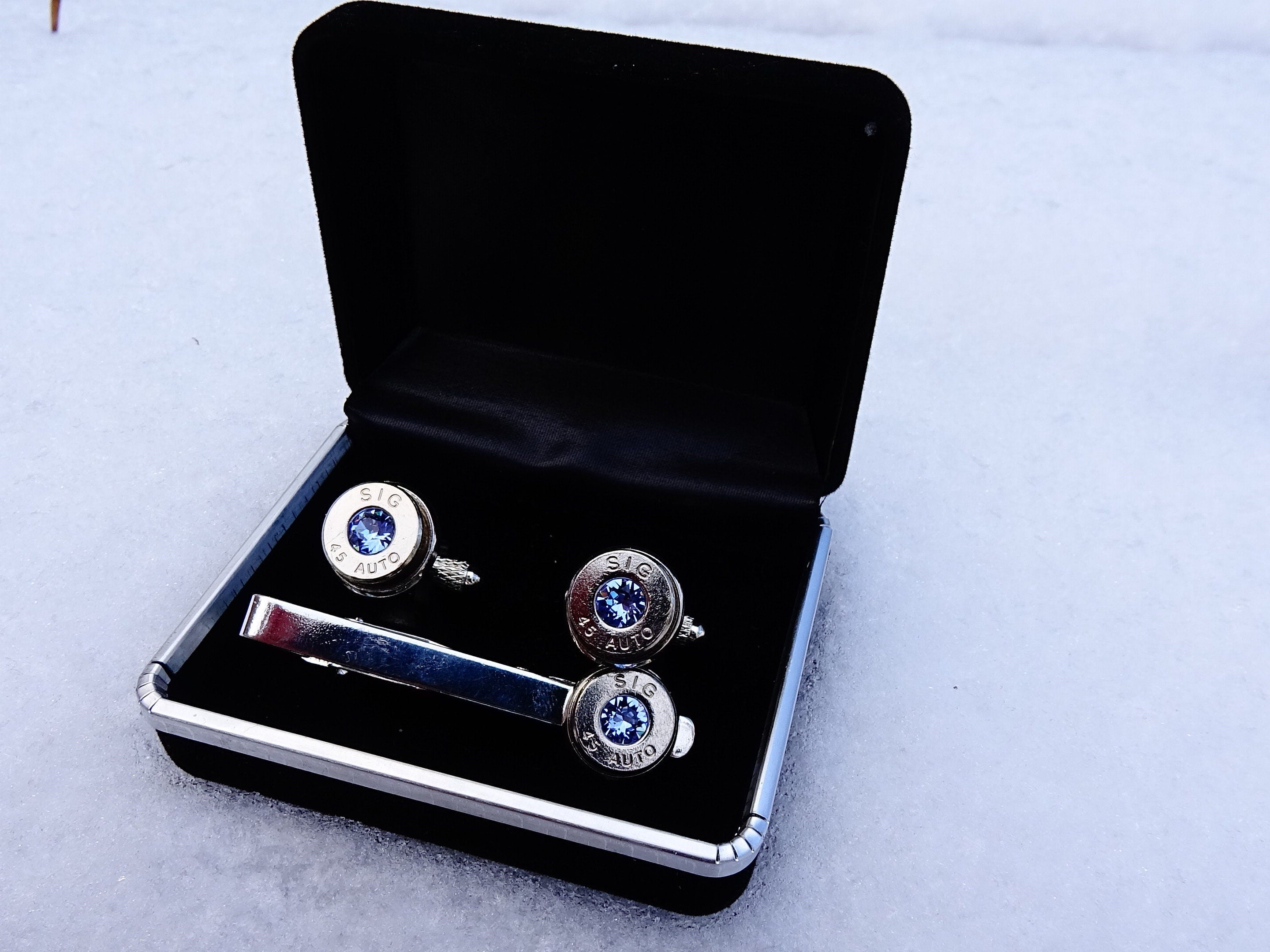 45 ACP cufflinks and tie clip silver tone set light ice blue sapphire (etsy image id: 2173088243)
