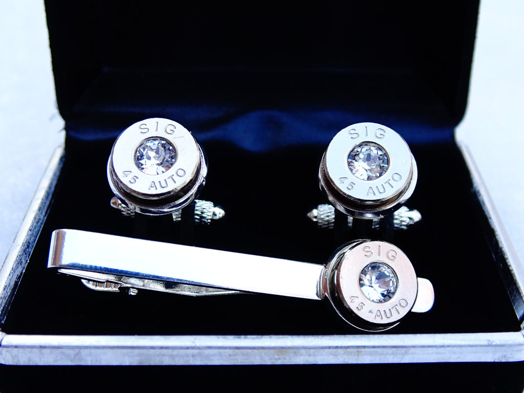 45 ACP cufflinks and tie clip silver tone set clear swarovski crystal (etsy image id: 2173094165)