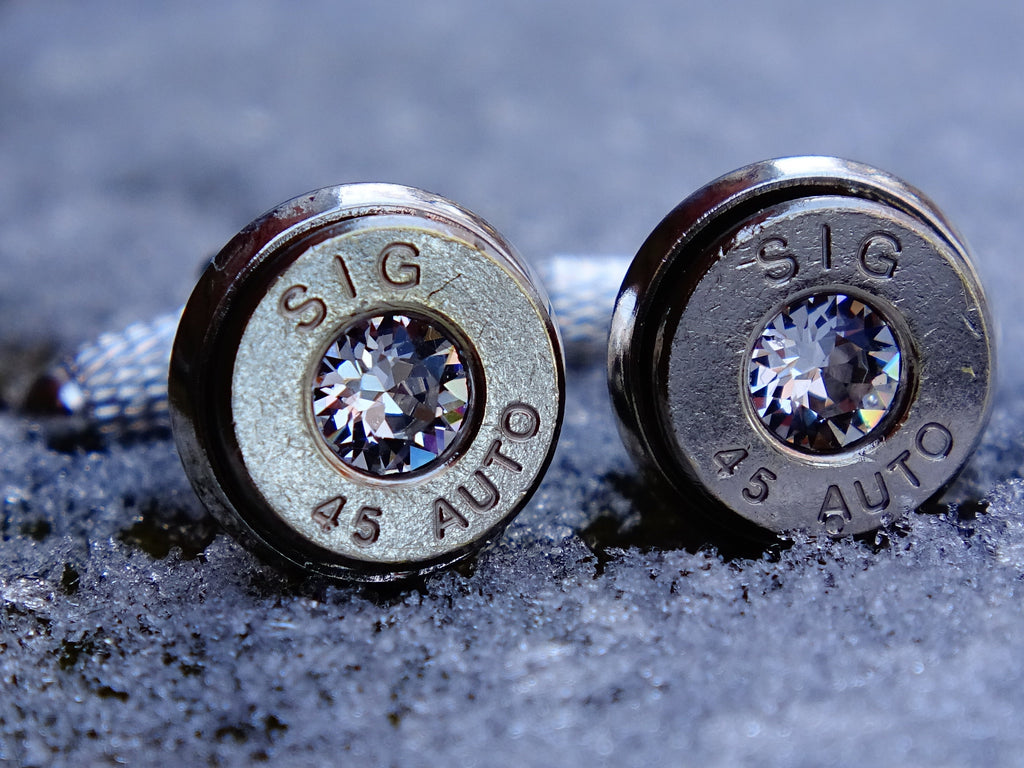 45 ACP cufflinks and tie clip silver tone set clear swarovski crystal (etsy image id: 2173095157)