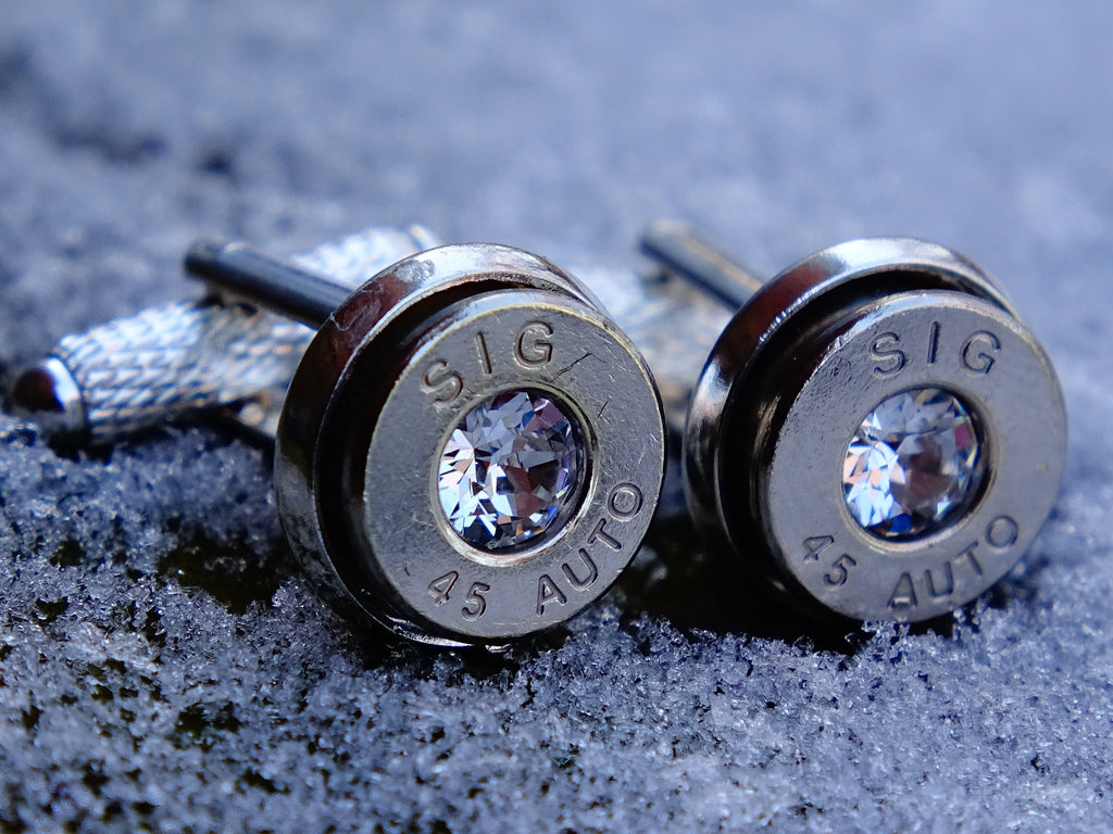 45 ACP cufflinks and tie clip silver tone set clear swarovski crystal (etsy image id: 2173095281)