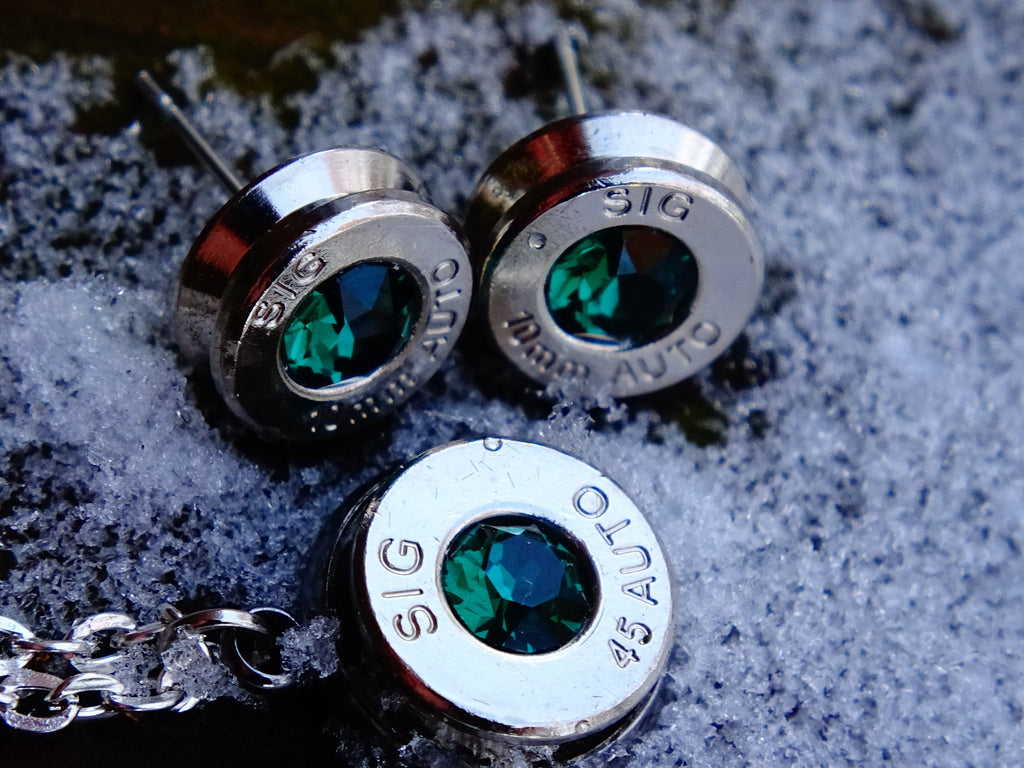 10mm bullet earrings & 45 ACP pendant set swarovski emerald green (etsy image id: 2173101157)
