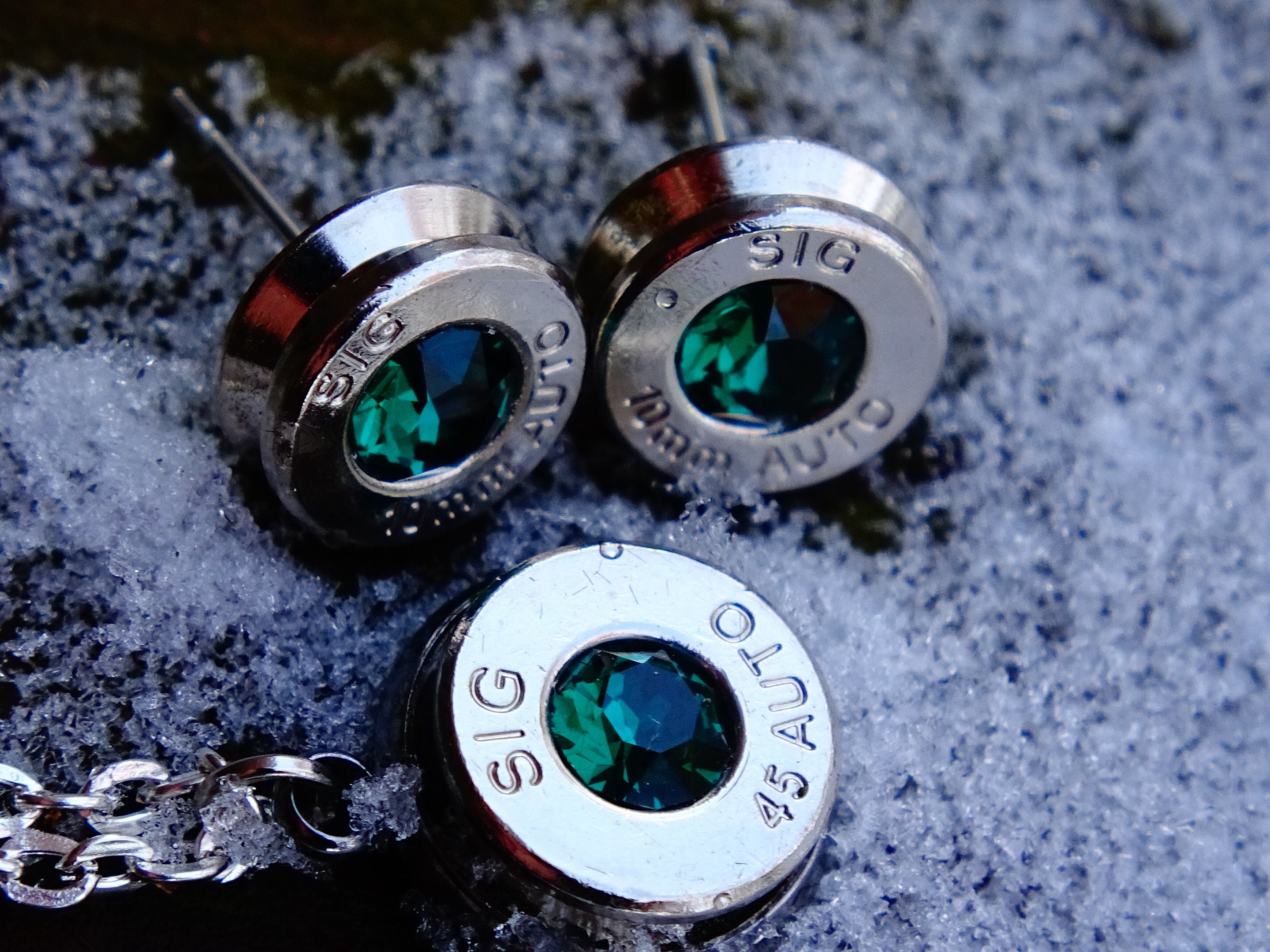 10mm bullet earrings & 45 ACP pendant set swarovski emerald green (etsy image id: 2173101157)