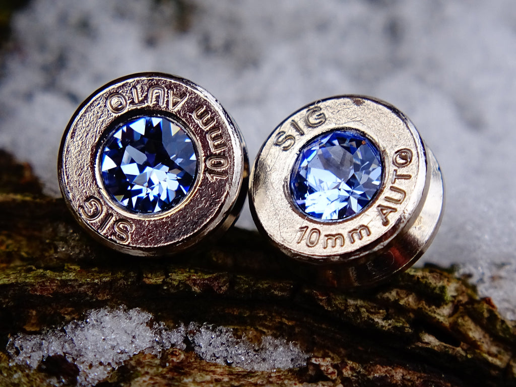 10mm bullet earrings & 45 ACP pendant set swarovski ice blue light sapphire (etsy image id: 2173129091)