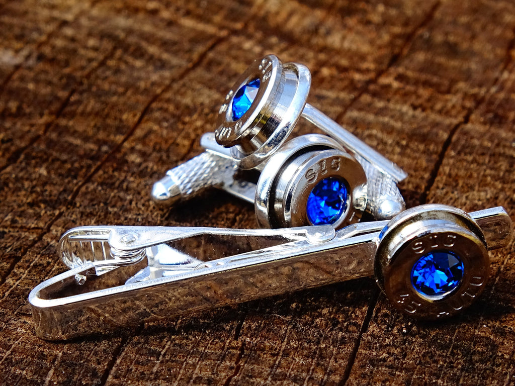 Bullet cufflinks tie clip set silver dark sapphire (etsy image id: 2258390858)