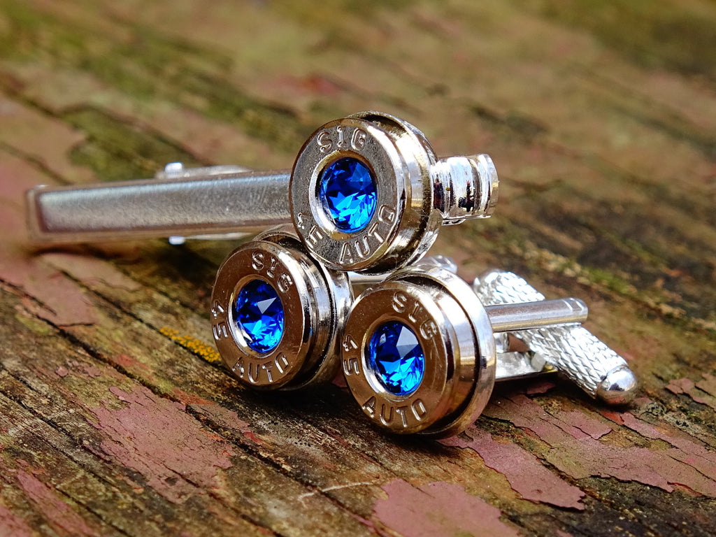 Bullet cufflinks tie clip set silver dark sapphire (etsy image id: 2258391126)
