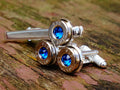 Bullet cufflinks tie clip set silver dark sapphire (etsy image id: 2258391126)