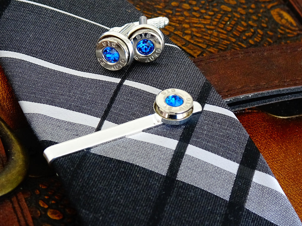 Bullet cufflinks tie clip set silver dark sapphire (etsy image id: 2258391376)