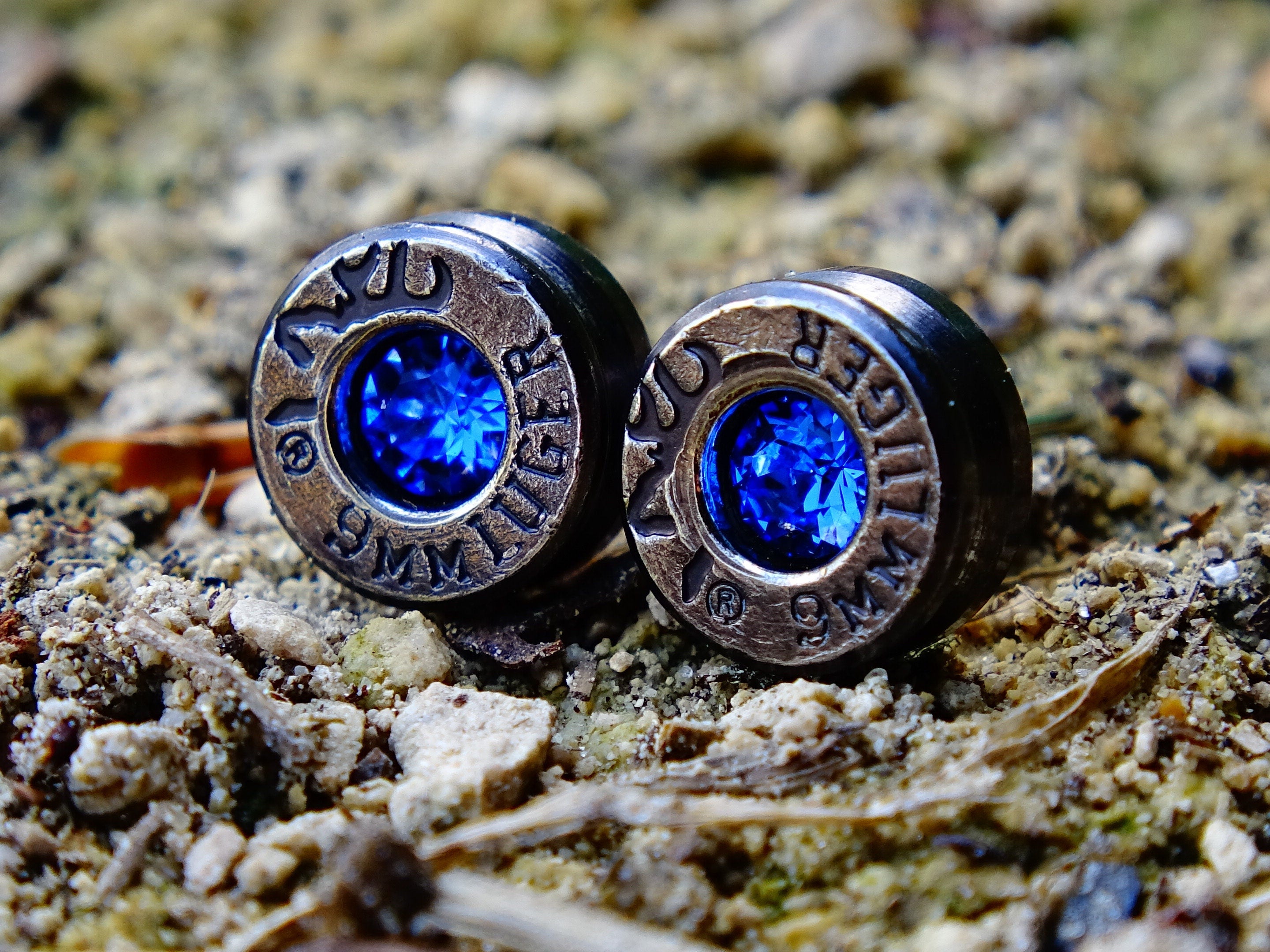 Bullet earrings gunmetal sapphire (etsy image id: 2295176294)