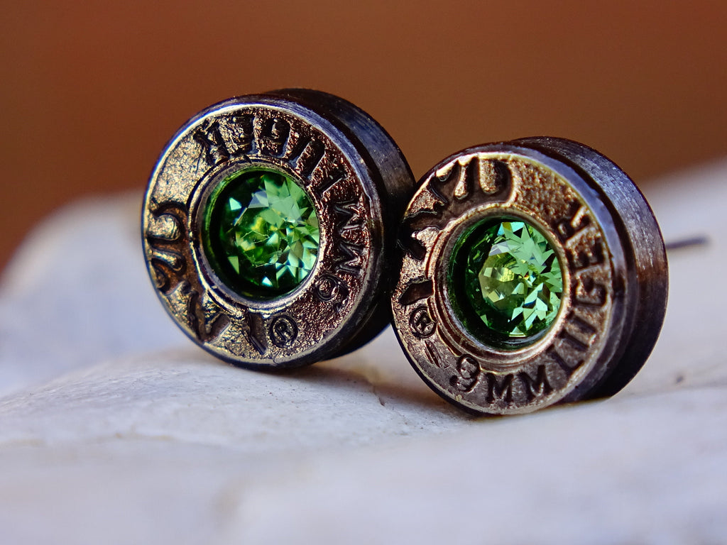 Bullet earrings gunmetal peridot (etsy image id: 2306392197)