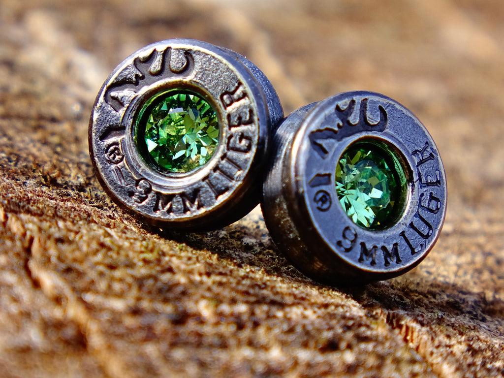 Bullet earrings gunmetal peridot (etsy image id: 2306392757)