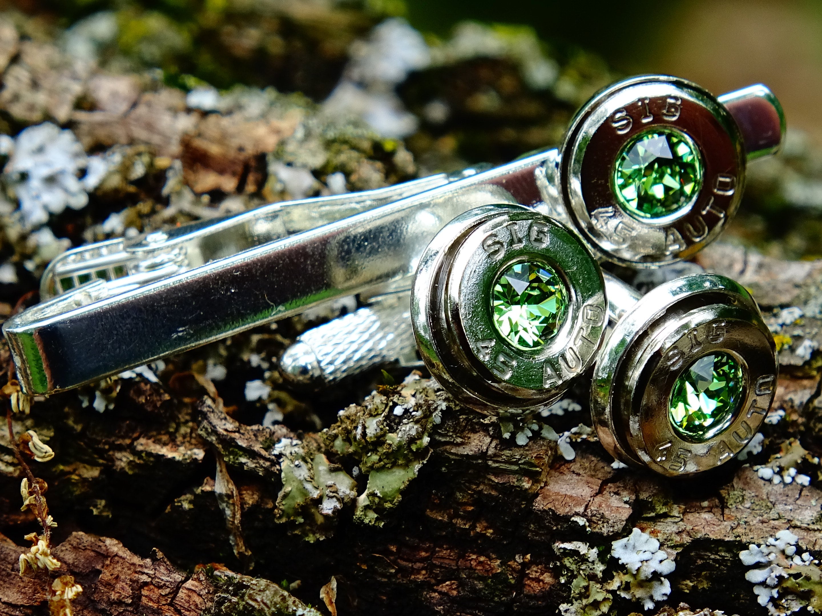 Bullet cufflinks & tie clip set peridot (etsy image id: 2377381637)