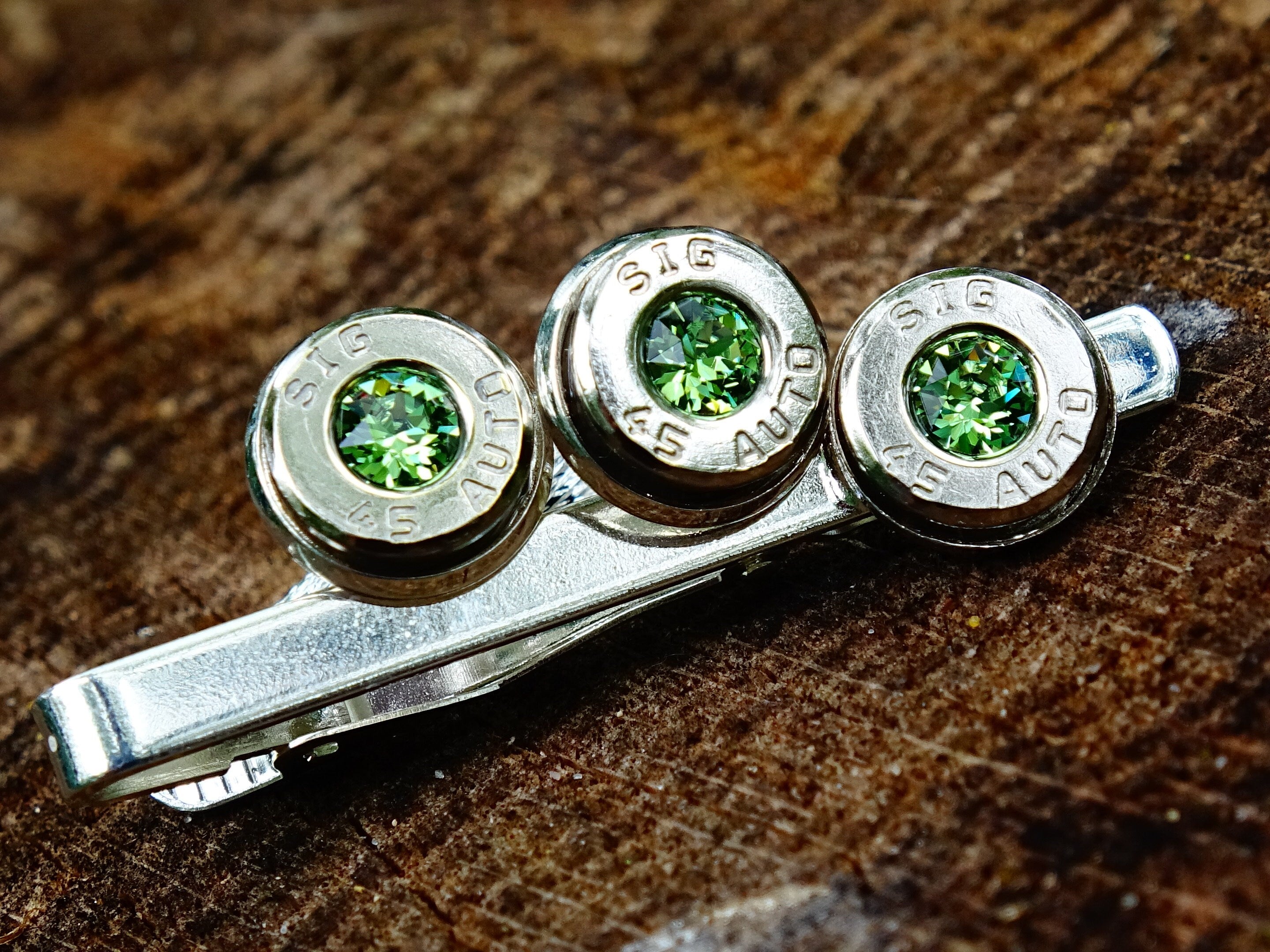 Bullet cufflinks & tie clip set peridot (etsy image id: 2377381721)