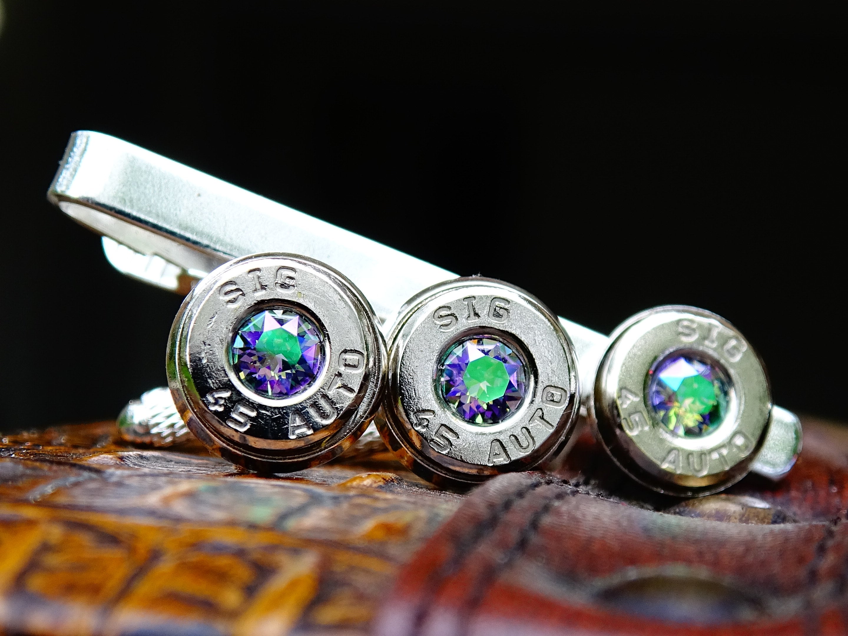 Bullet cufflinks & tie clip set alexandrite (etsy image id: 2377413263)