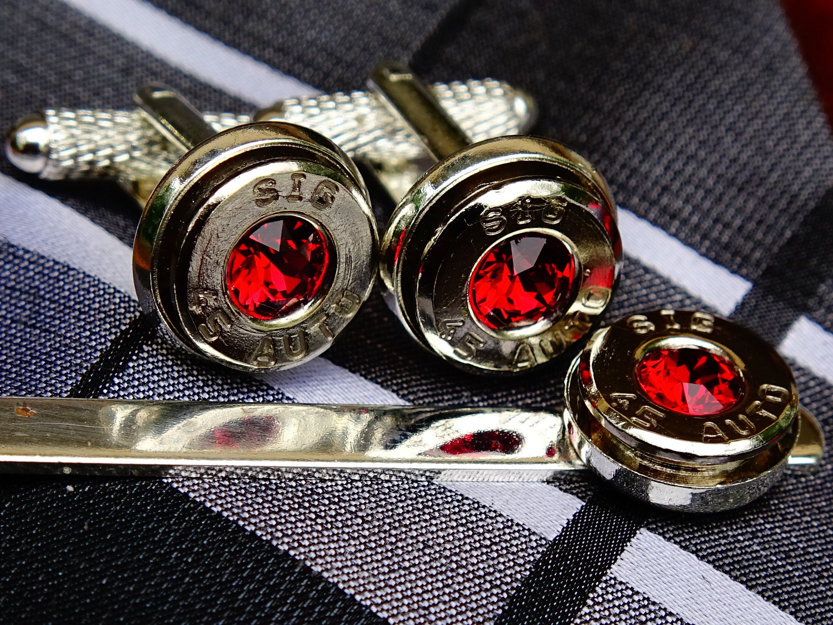 Bullet cufflinks & tie clip set garnet (etsy image id: 2377425583)