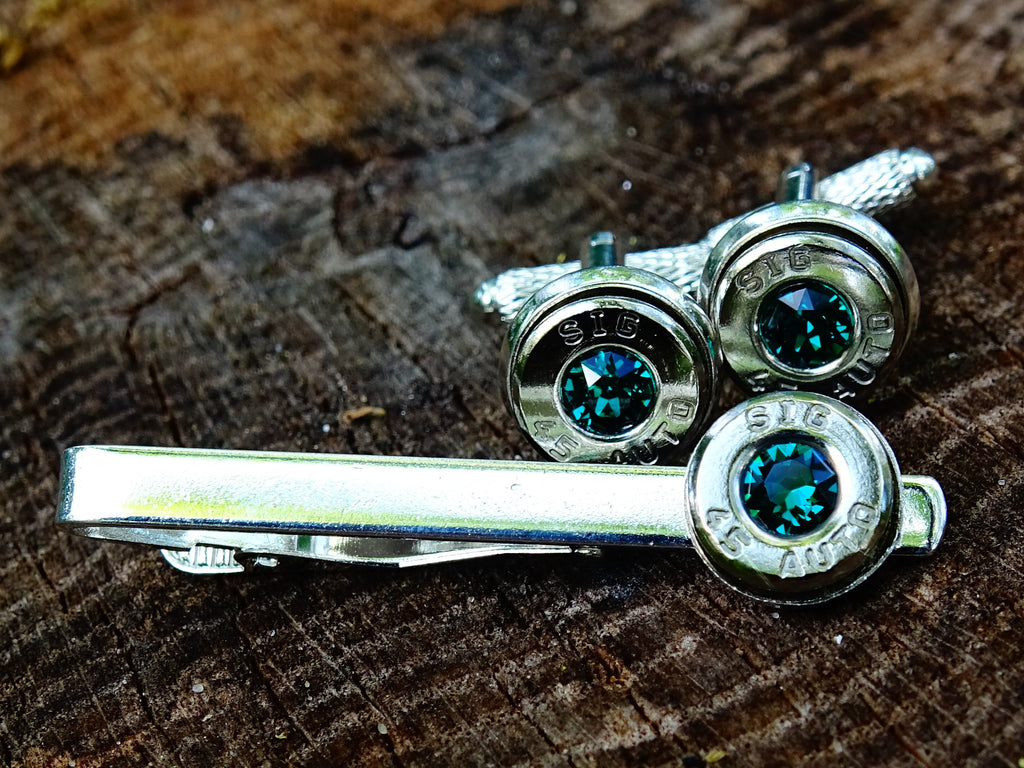 Bullet cufflinks & tie clip set emerald (etsy image id: 2578208130)