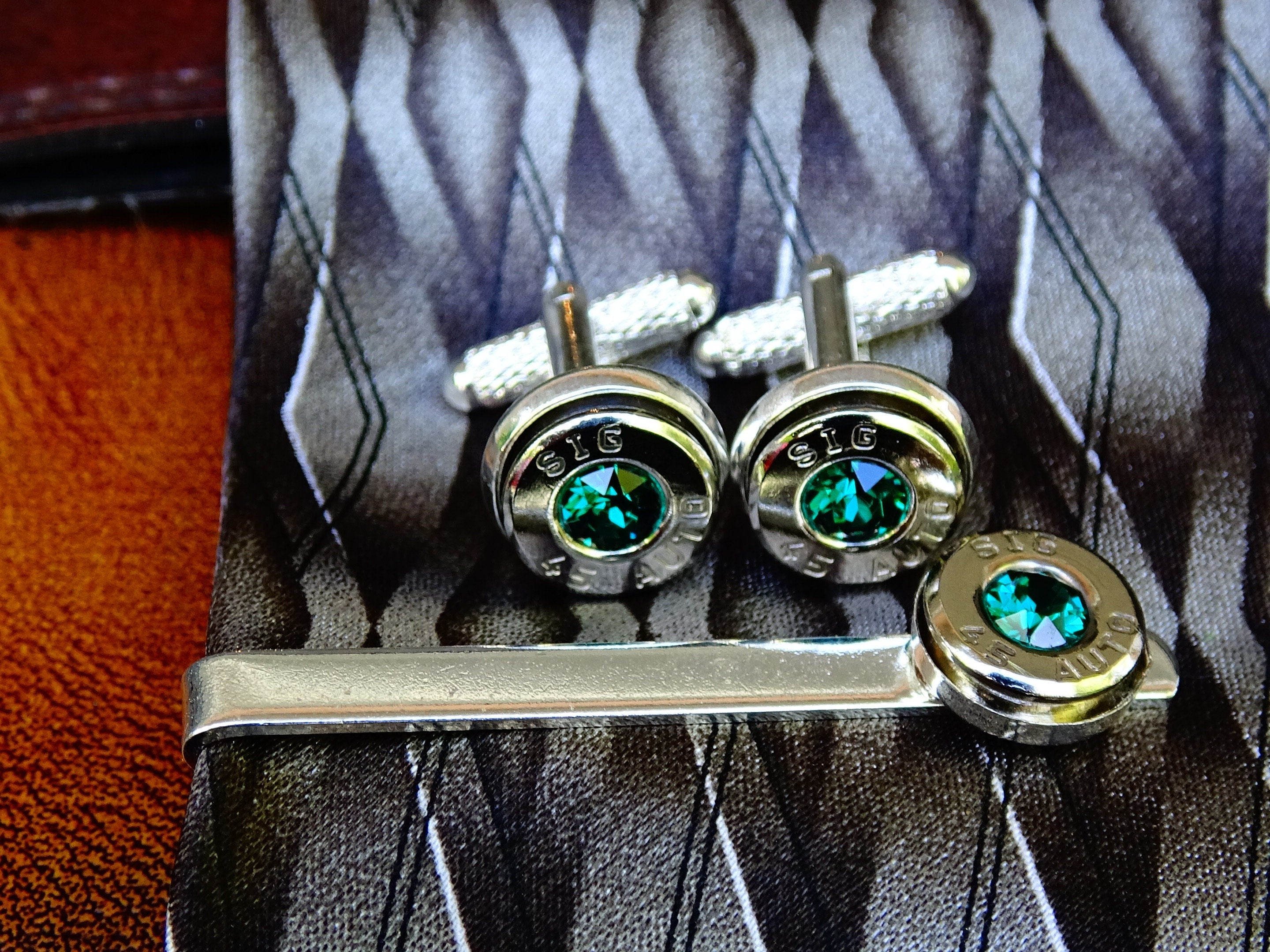Bullet cufflinks & tie clip set emerald (etsy image id: 2578208248)